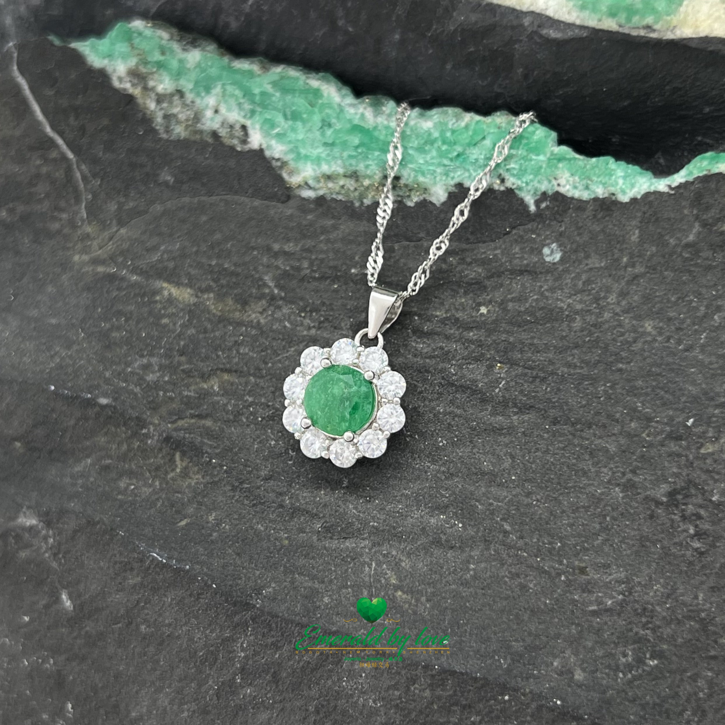 Silver Flower Pendant with Central Round Emerald and White Zircon Petals