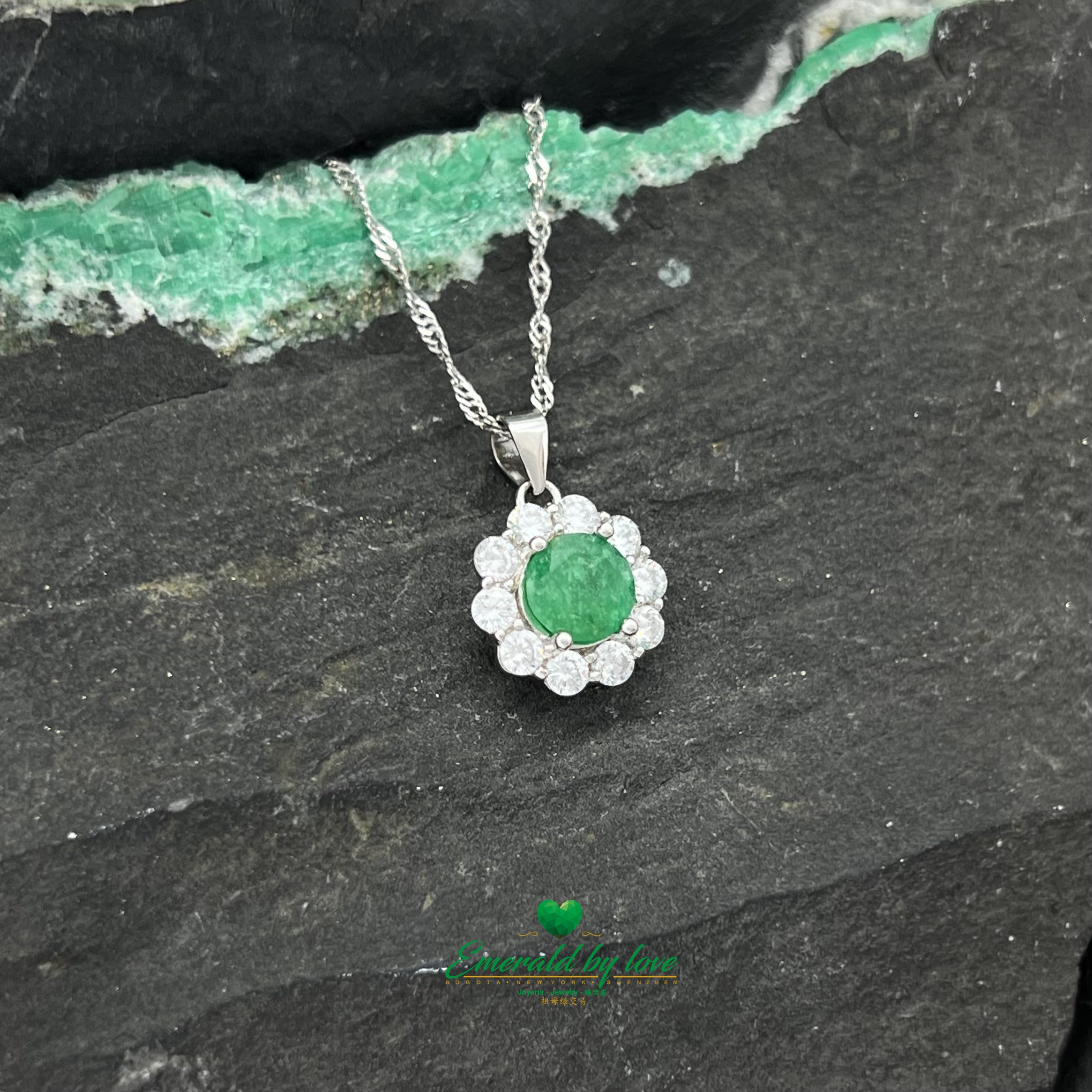 Silver Flower Pendant with Central Round Emerald and White Zircon Petals