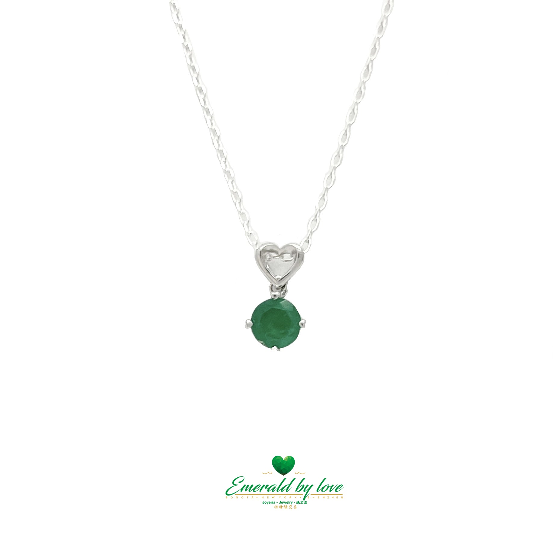 Silver Heart Pendant with Hanging Round Emerald