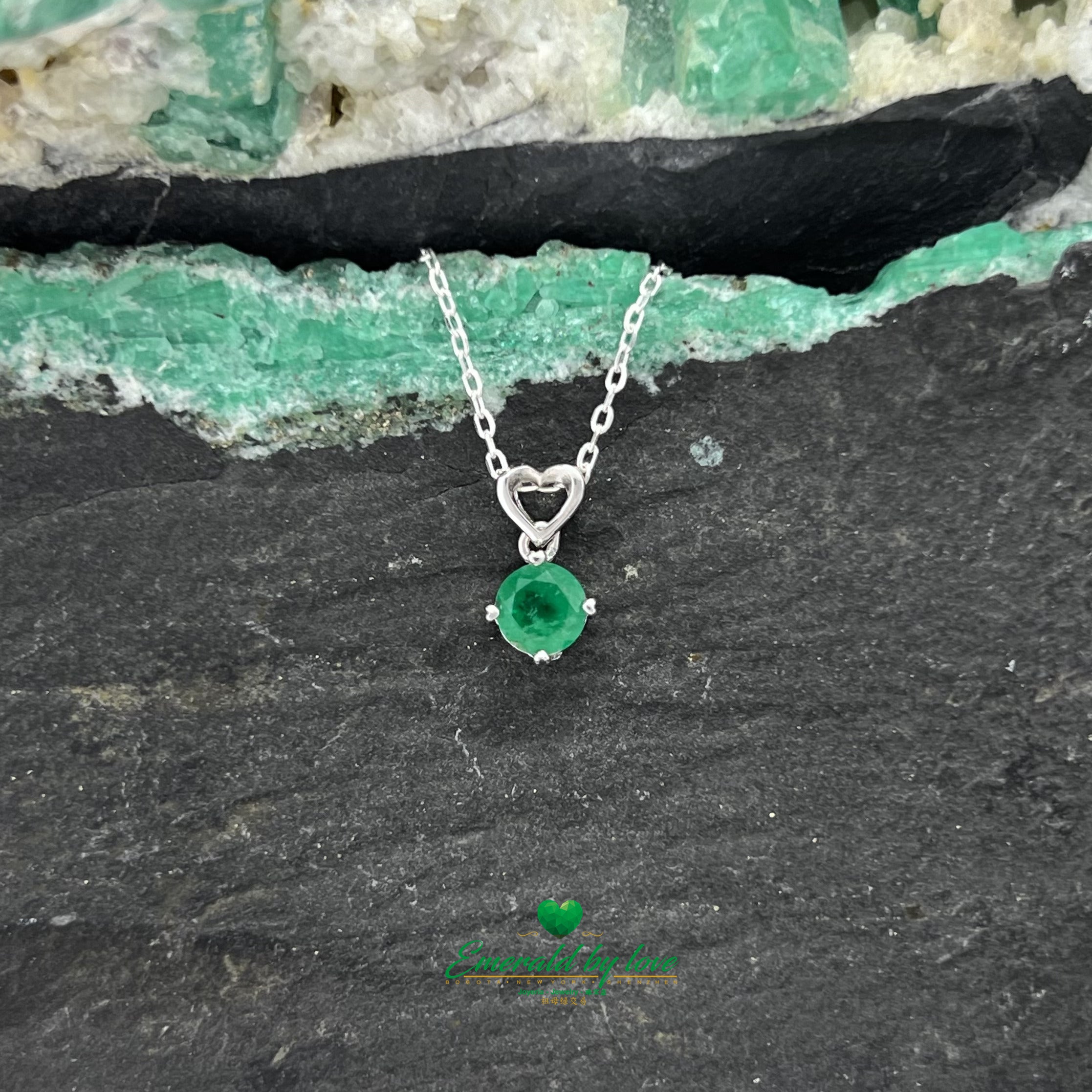 Silver Heart Pendant with Hanging Round Emerald