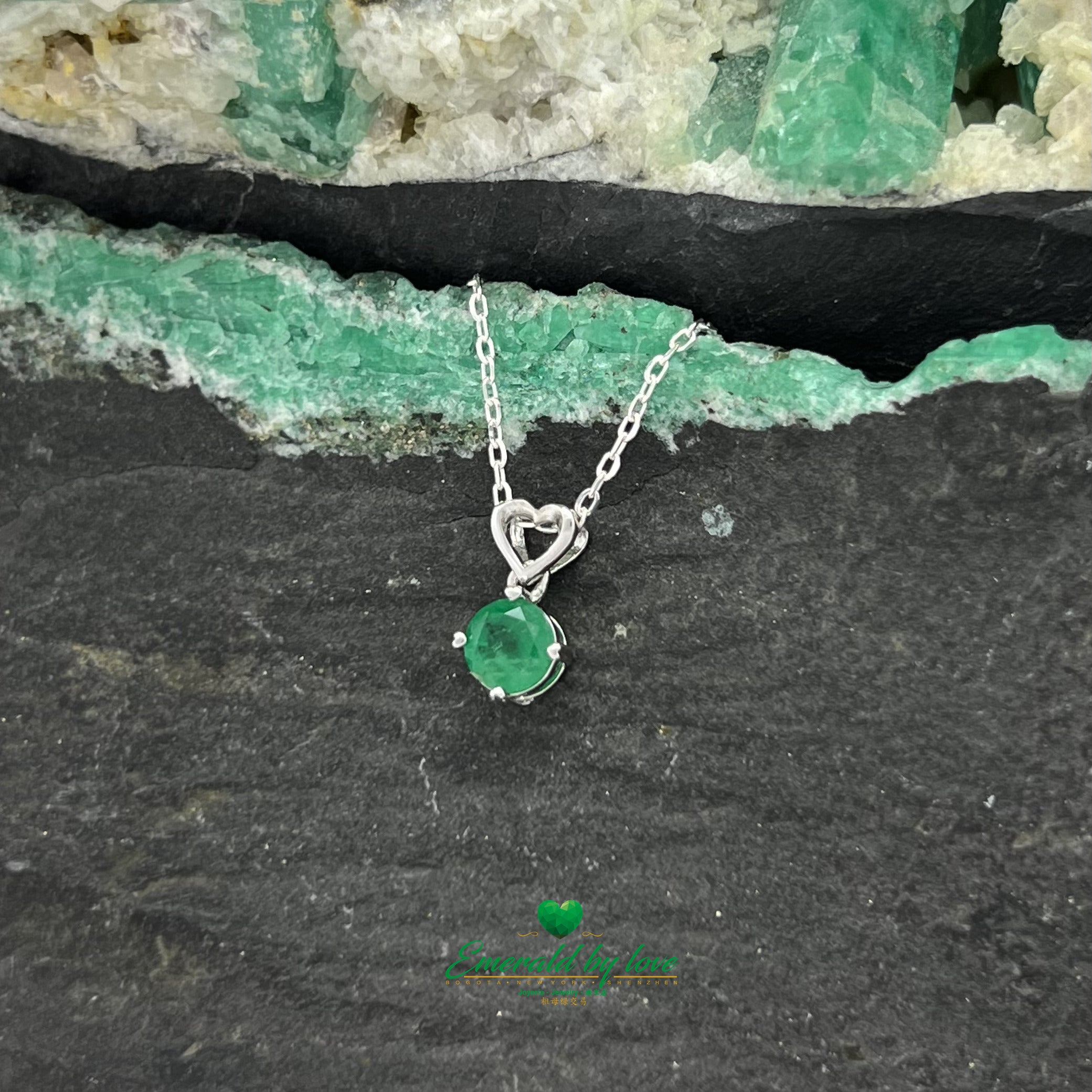 Silver Heart Pendant with Hanging Round Emerald