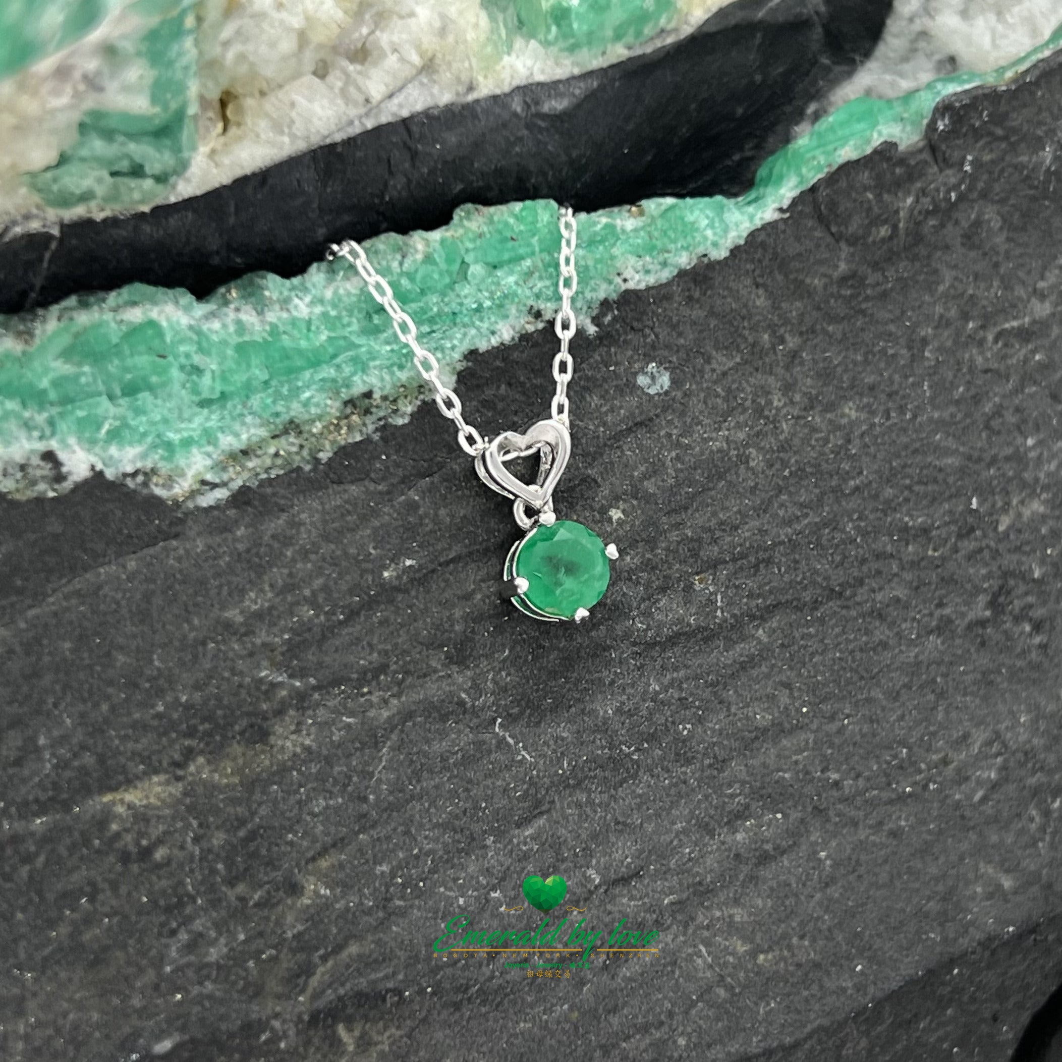 Silver Heart Pendant with Hanging Round Emerald