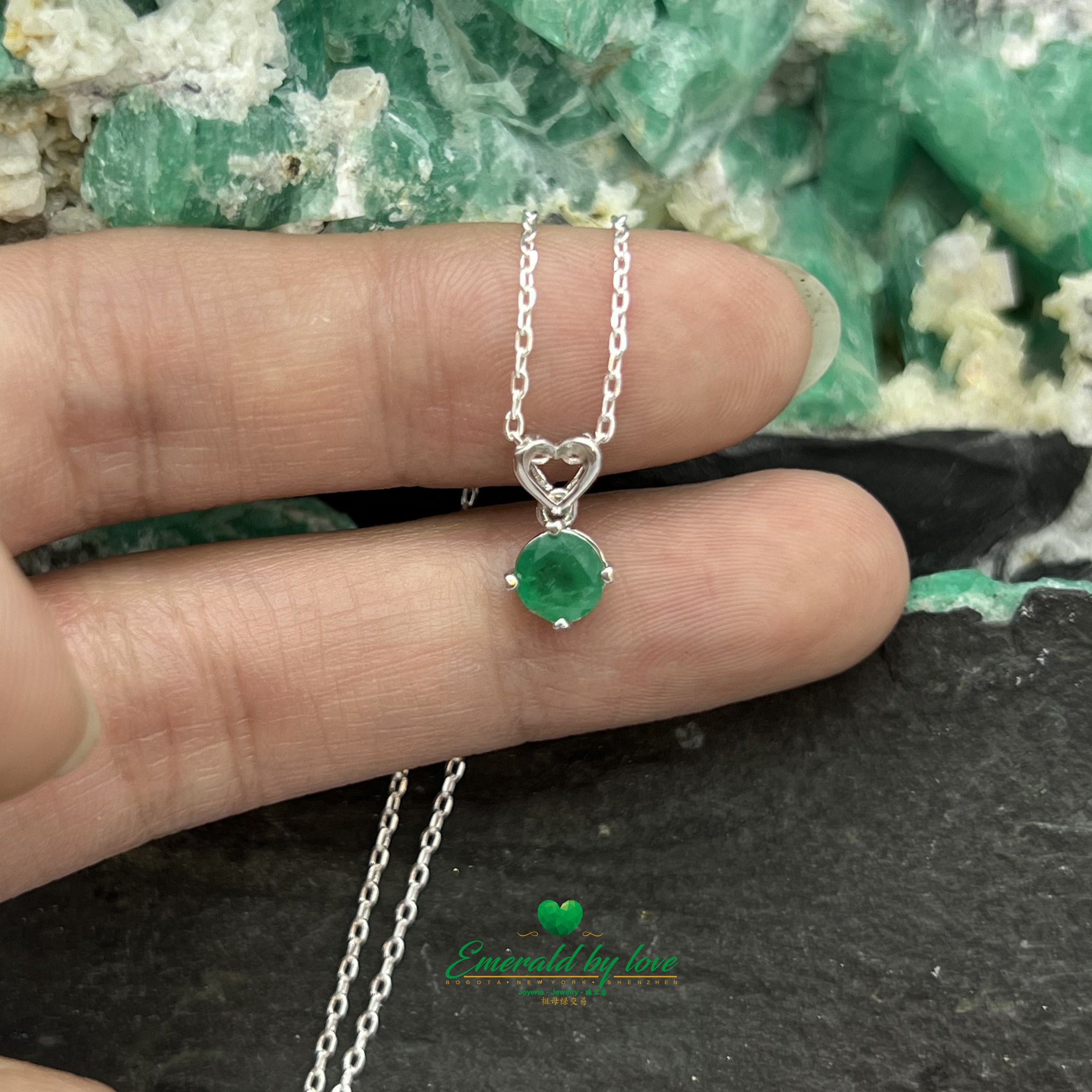 Silver Heart Pendant with Hanging Round Emerald