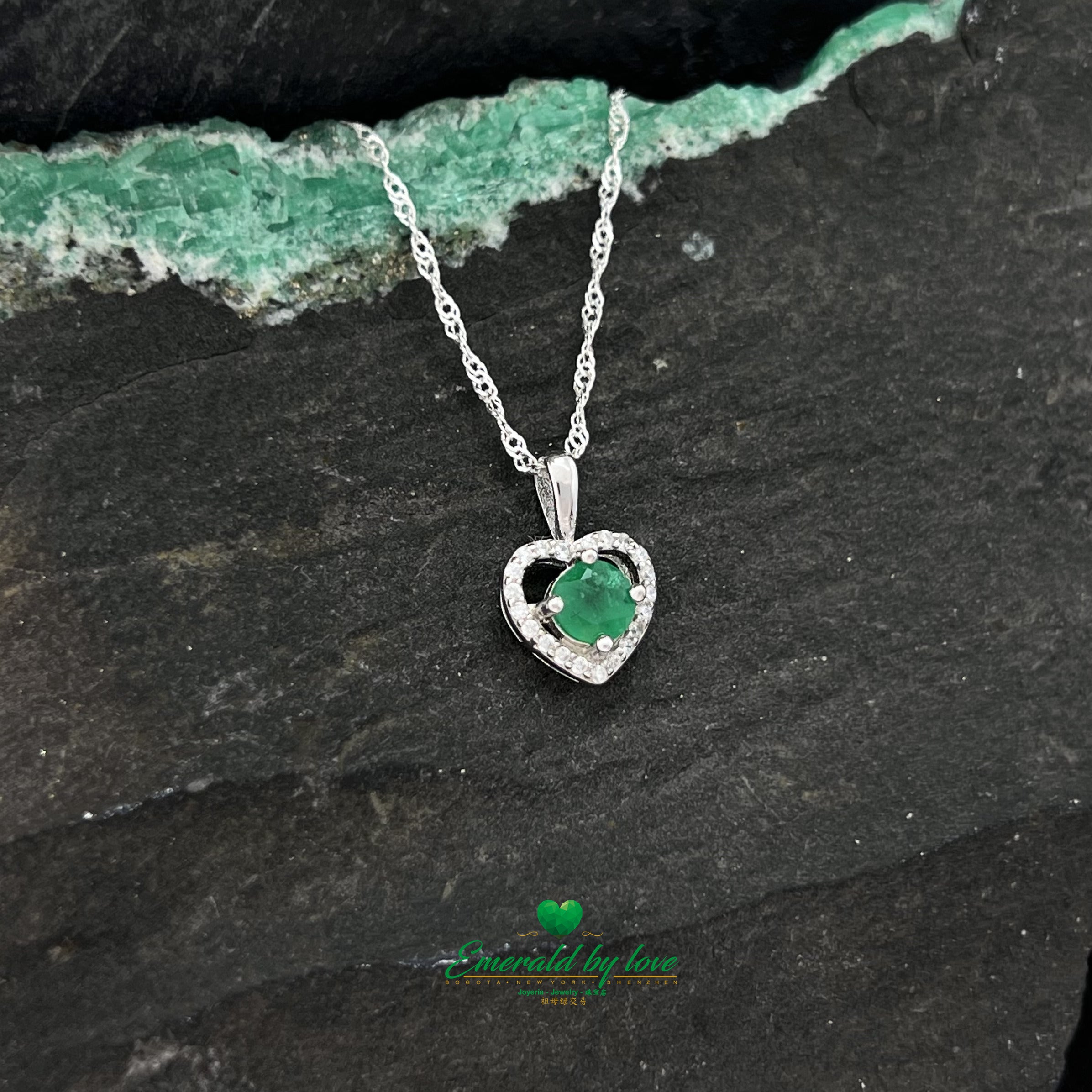 Zircon Heart-Shaped Pendant with Central Round Emerald