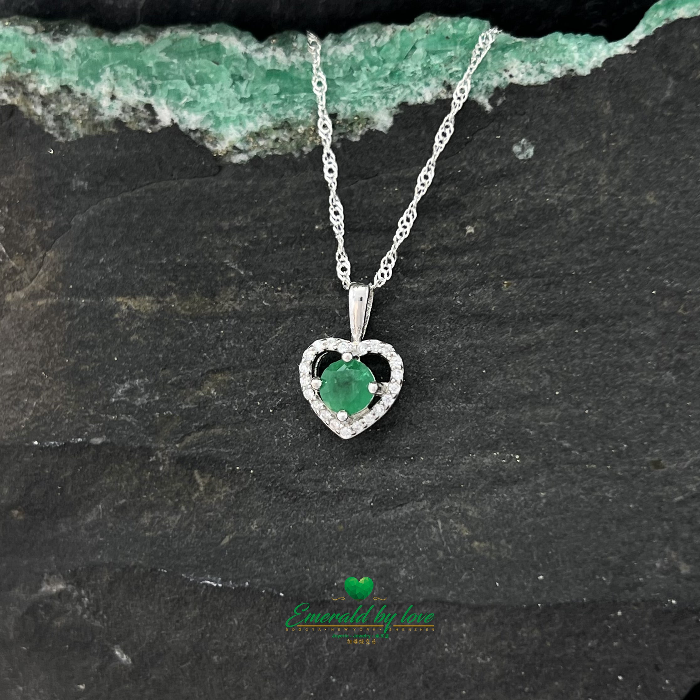 Zircon Heart-Shaped Pendant with Central Round Emerald