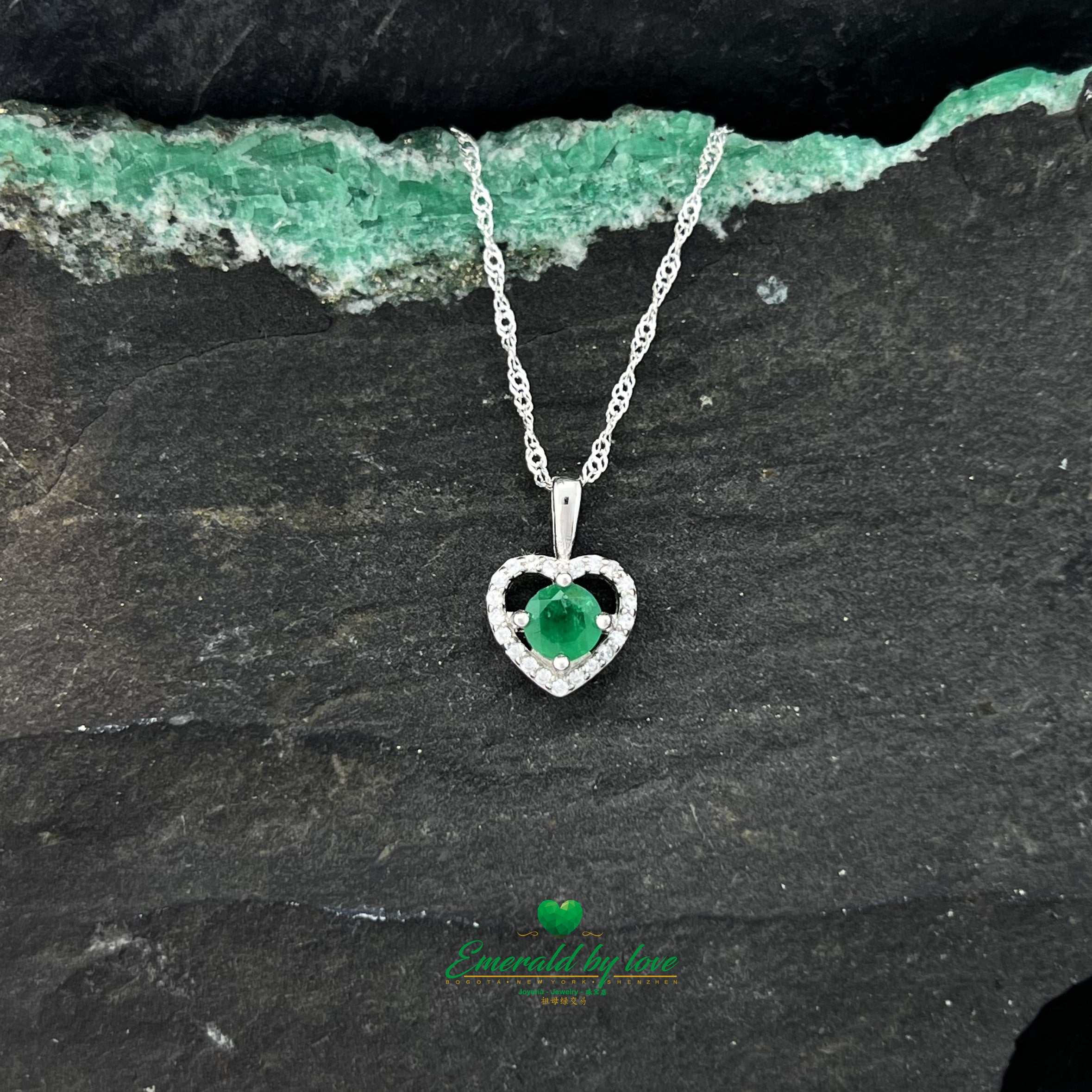 Zircon Heart-Shaped Pendant with Central Round Emerald