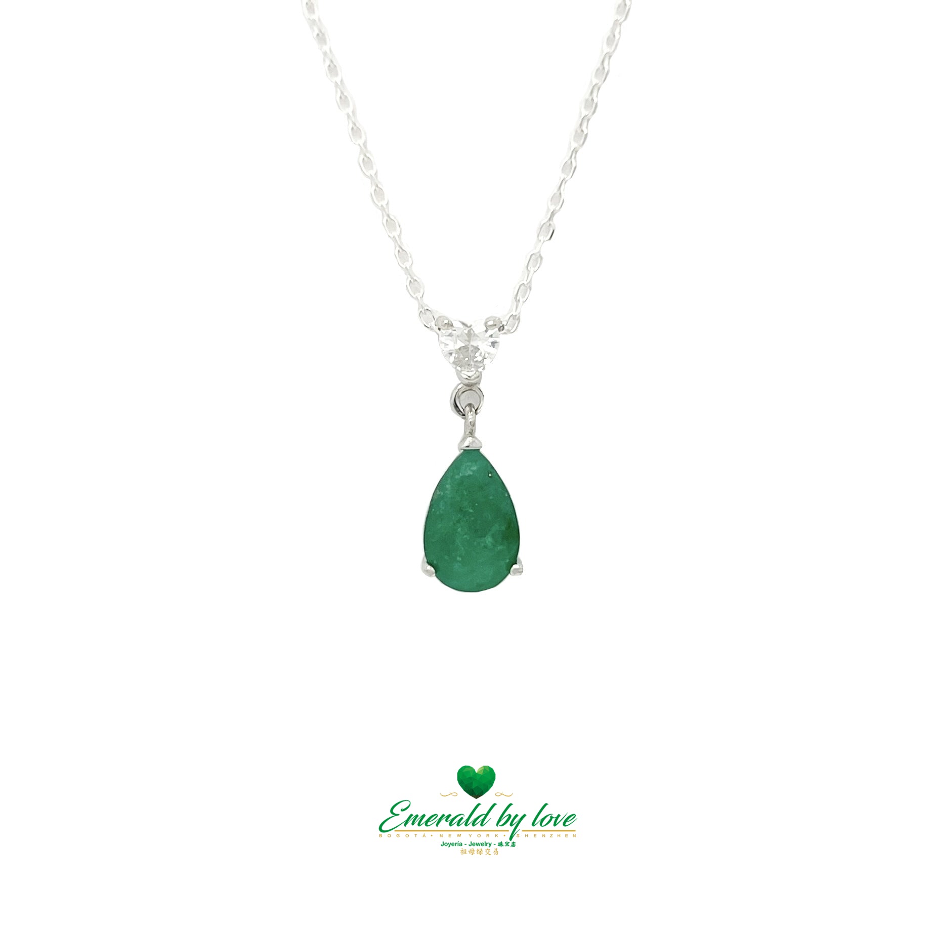 White Zircon Heart Pendant with 1.48 ct Colombian Teardrop Emerald