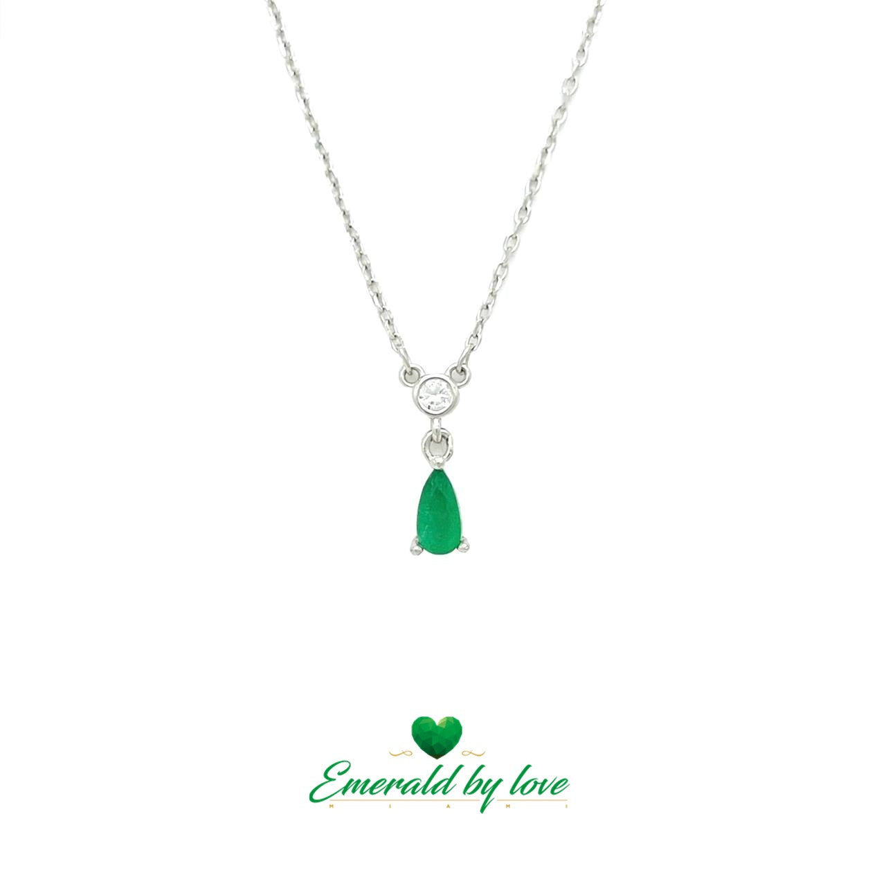 Silver Pendant with Slim Teardrop Emerald and Round Zircon