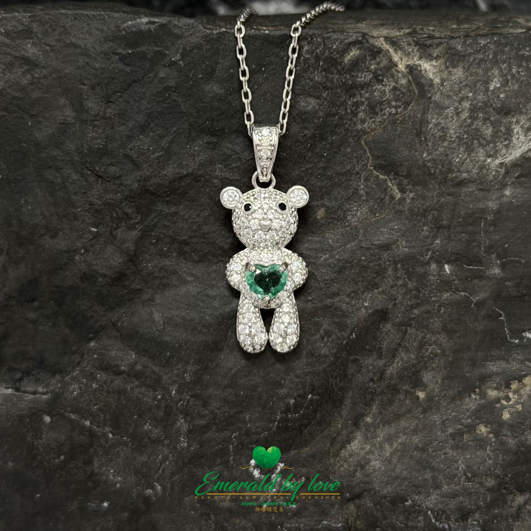 Teddy Bear Pendant with Heart-Shaped Emerald and White Zircon Accents in Sterling Silver