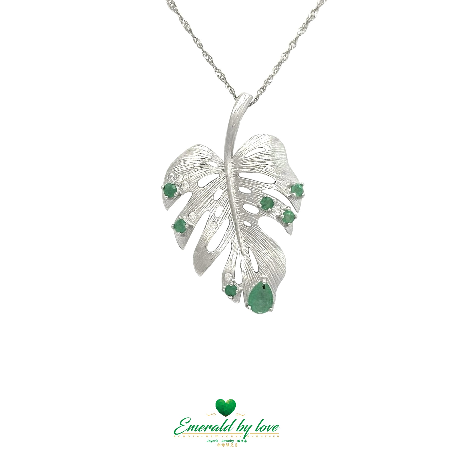 Feather Pendant in 925 Silver with Small Round Emeralds and Medium Teardrop Emerald