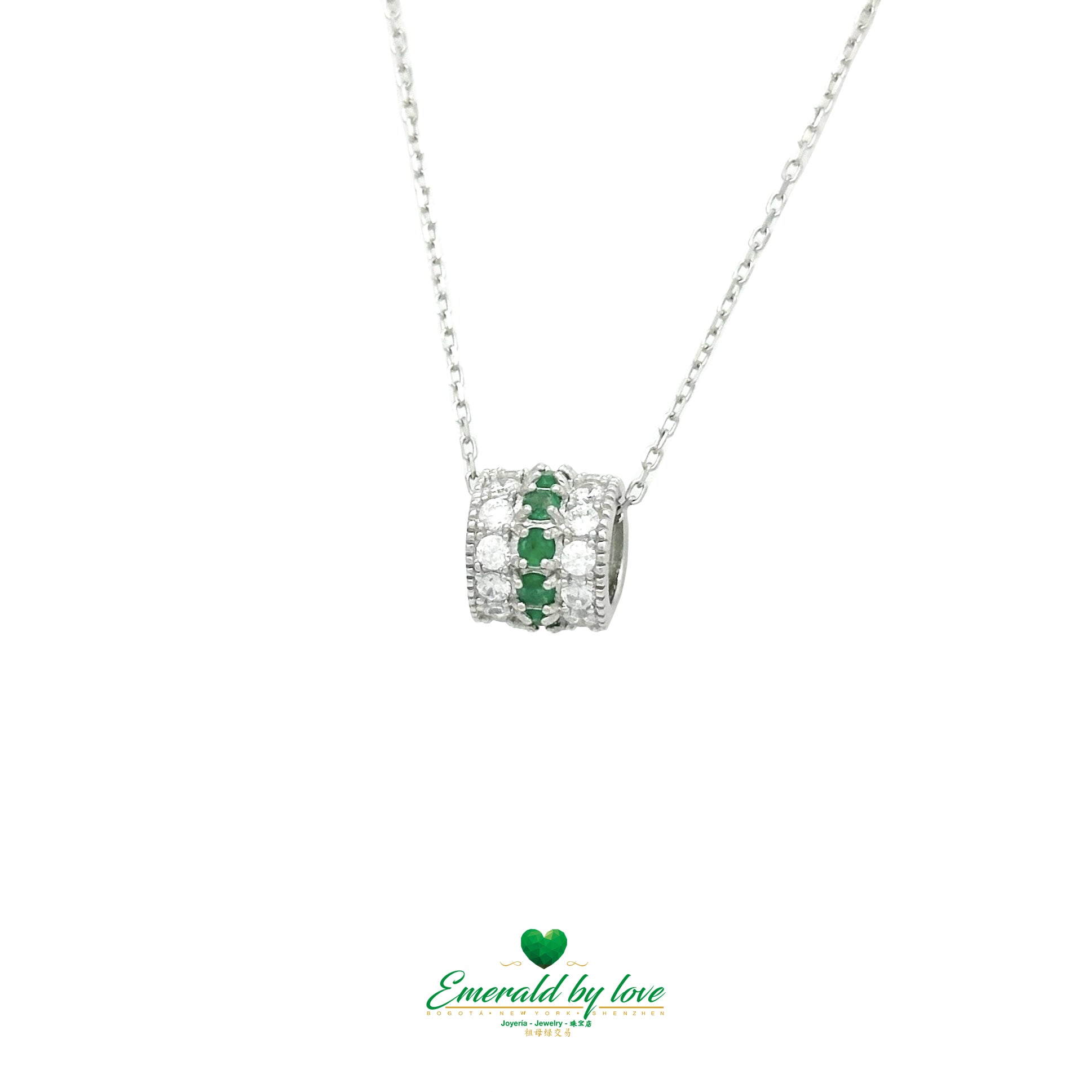 Sterling Silver Barrel Pendant with Round Emeralds and Cubic Zirconia