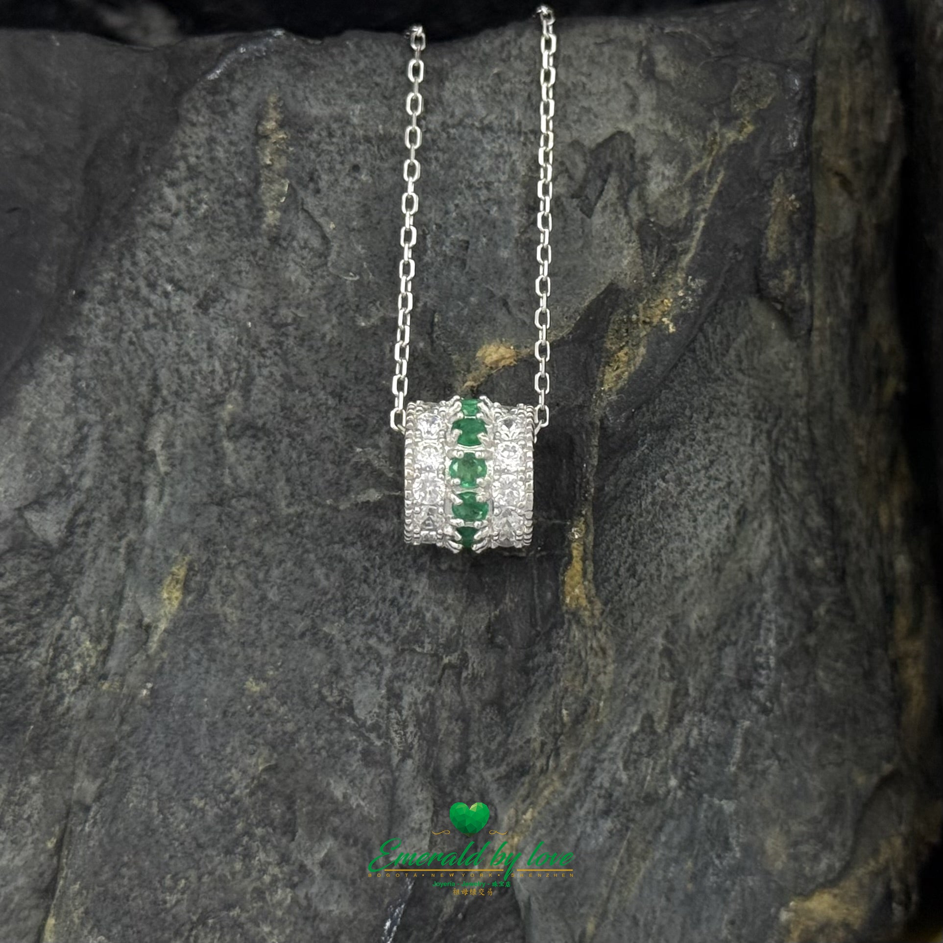 Sterling Silver Barrel Pendant with Round Emeralds and Cubic Zirconia