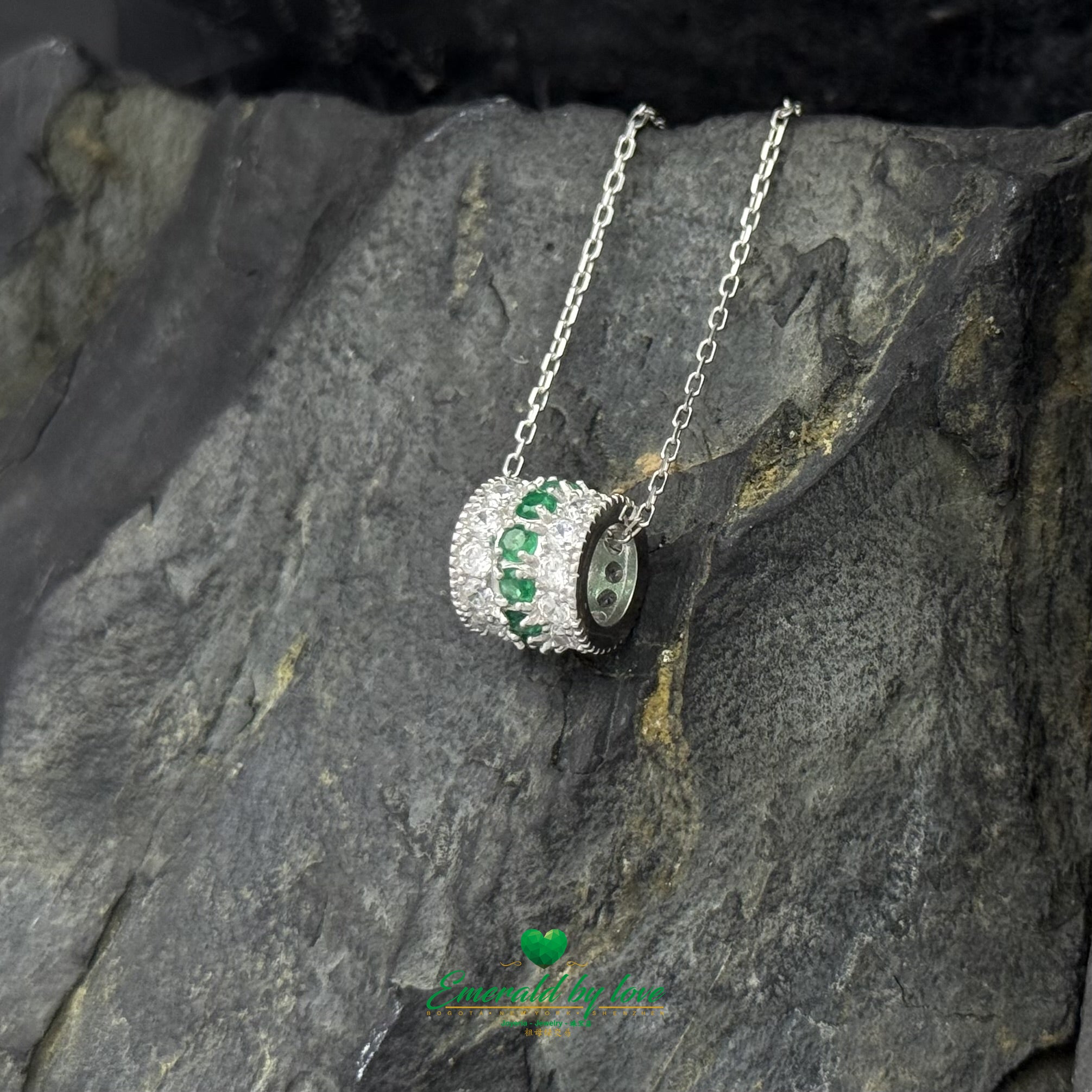 Sterling Silver Barrel Pendant with Round Emeralds and Cubic Zirconia