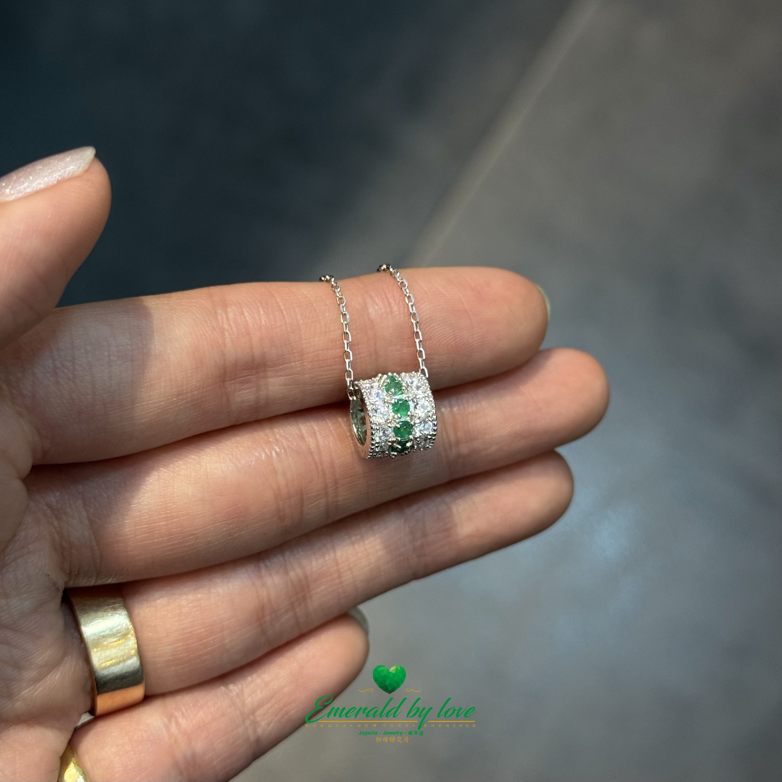 Sterling Silver Barrel Pendant with Round Emeralds and Cubic Zirconia