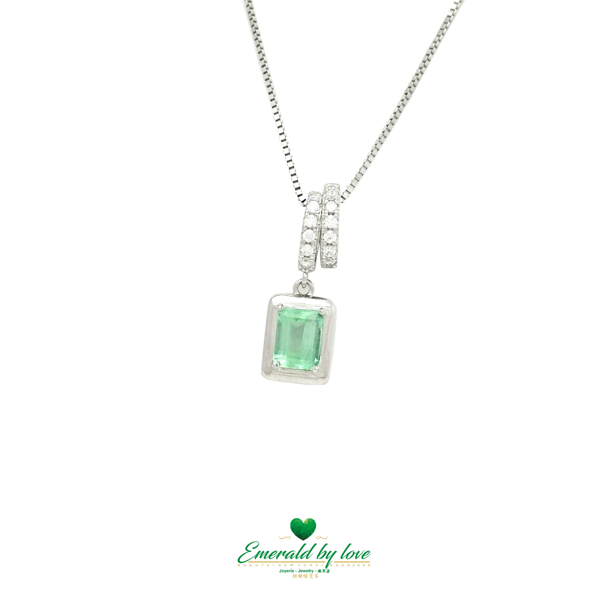 Sterling Silver Chain with Emerald Cut Emerald Pendant and Cubic Zirconia Roll Setting