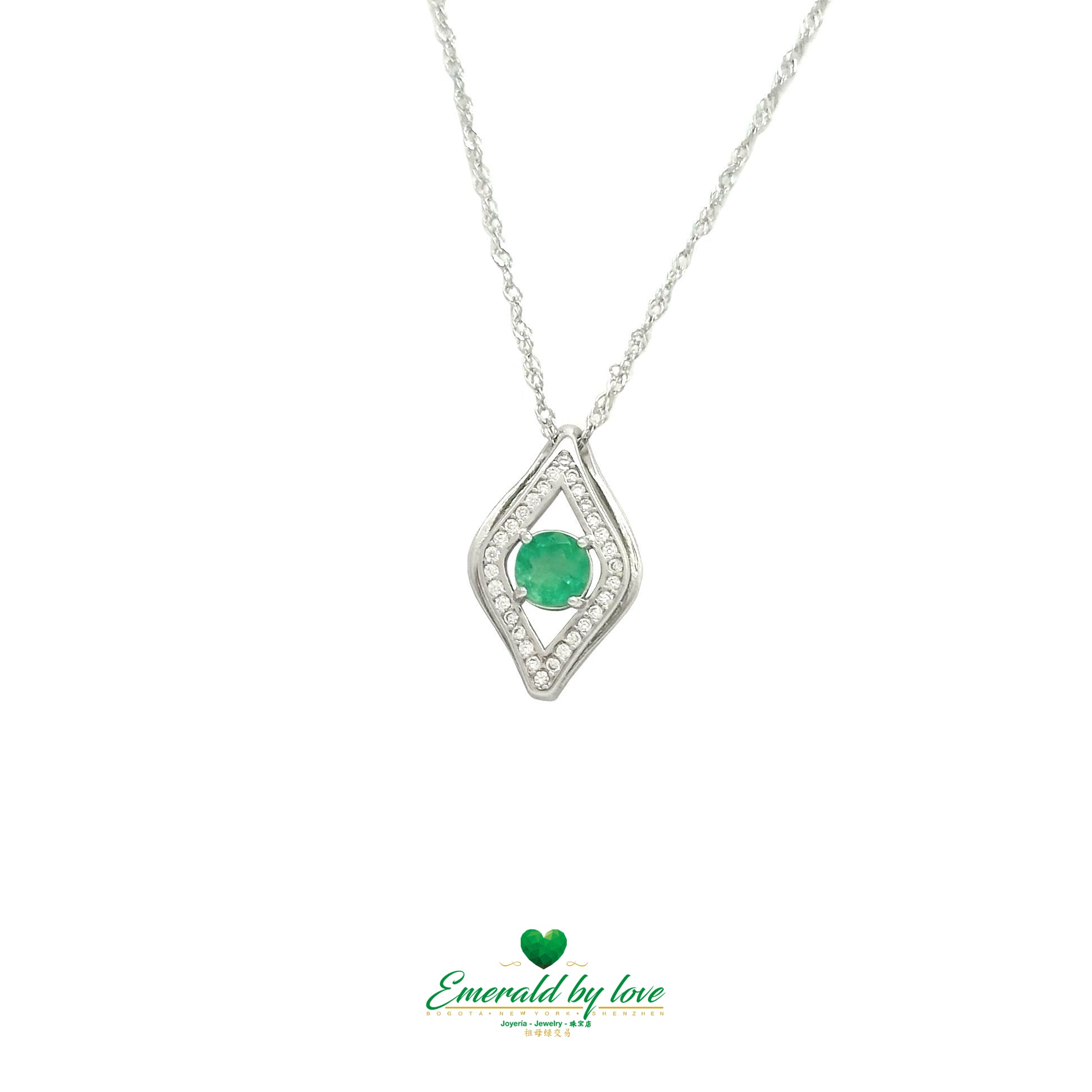 Vertical Eye Pendant in Sterling Silver with Round Colombian Emerald and Cubic Zirconia
