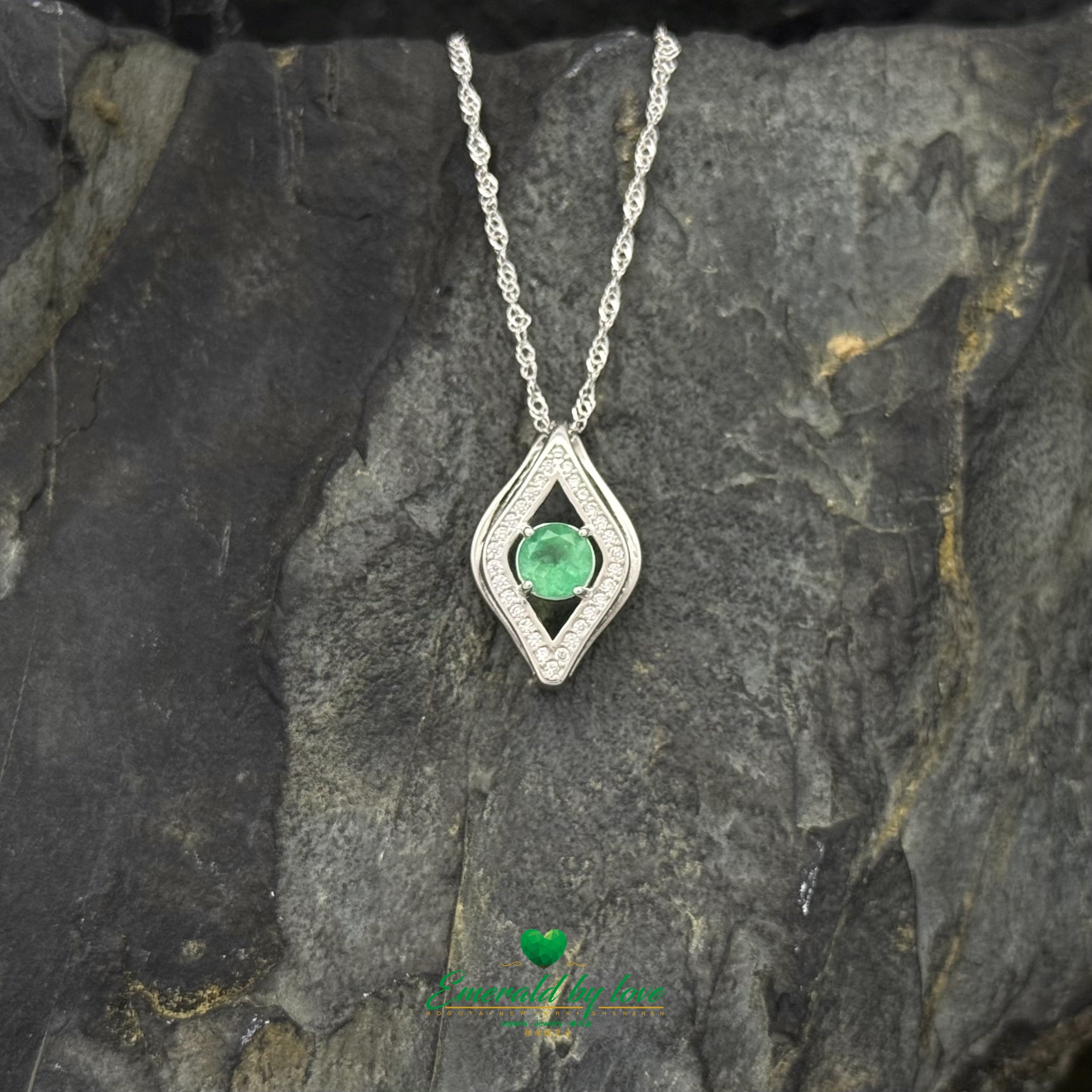 Vertical Eye Pendant in Sterling Silver with Round Colombian Emerald and Cubic Zirconia