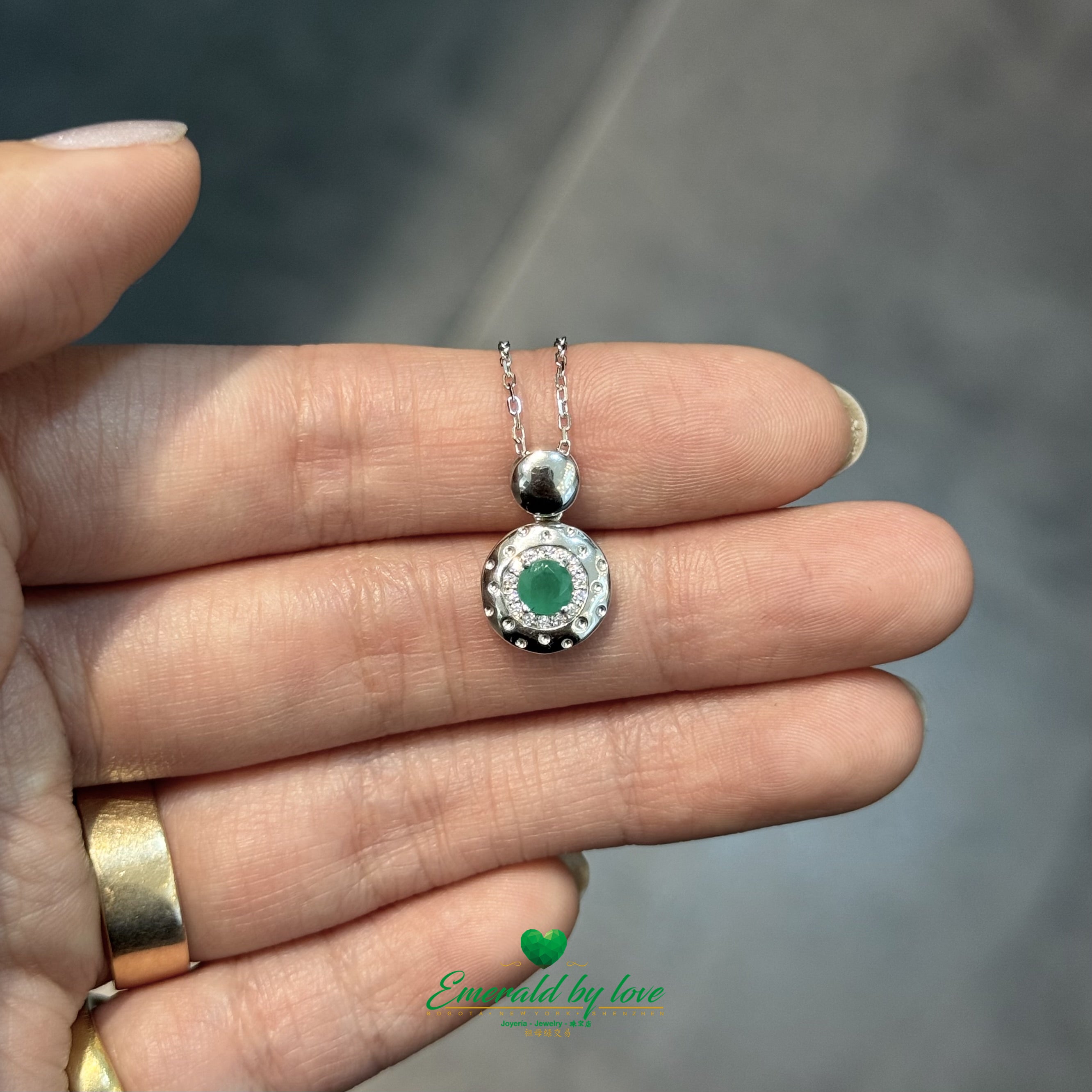 Solid Round Marquise-Inspired Pendant with Central Round Emerald