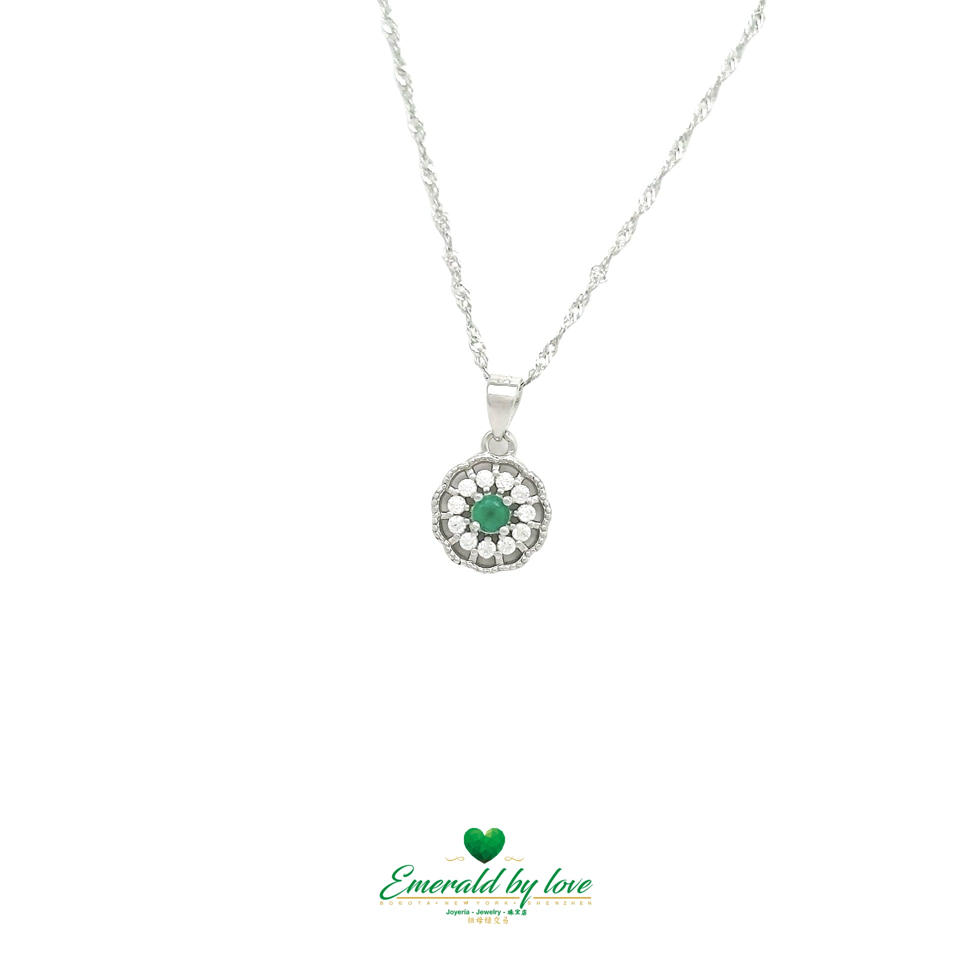 Floral Pendant in Sterling Silver with Round Emerald