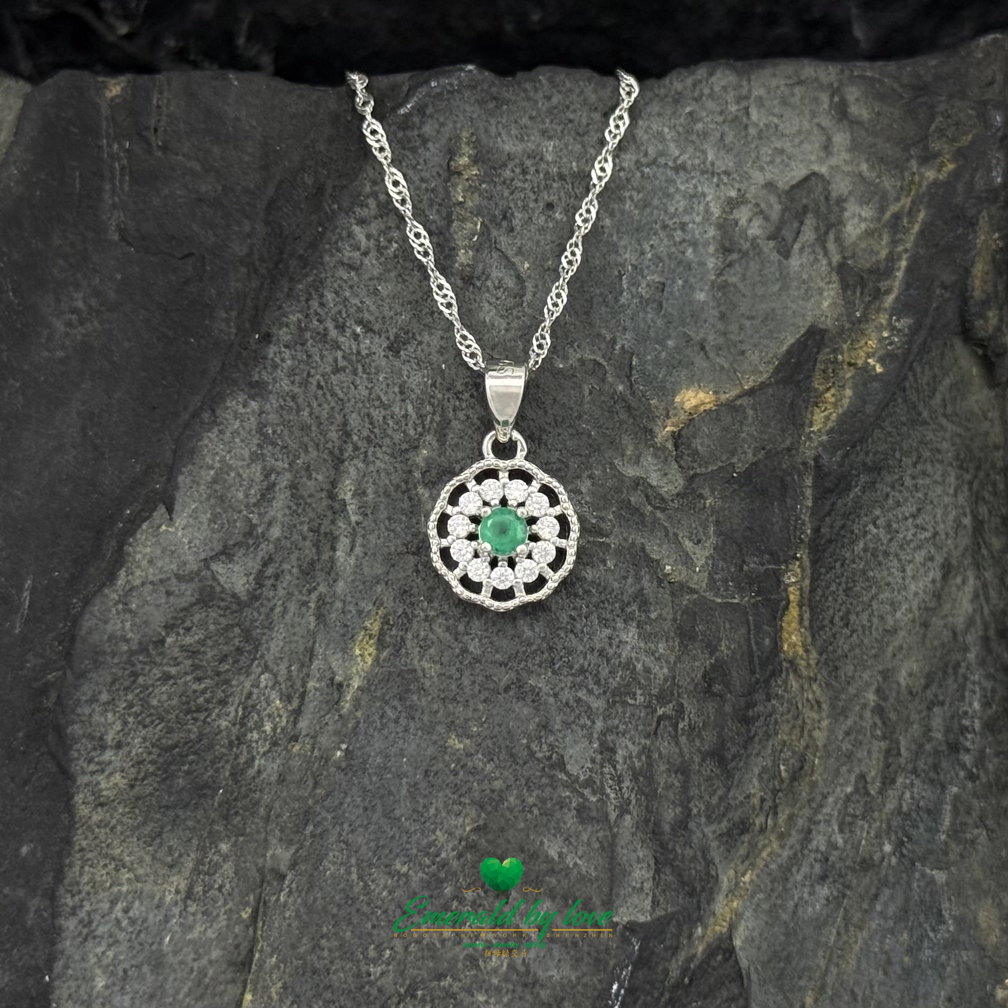 Floral Pendant in Sterling Silver with Round Emerald