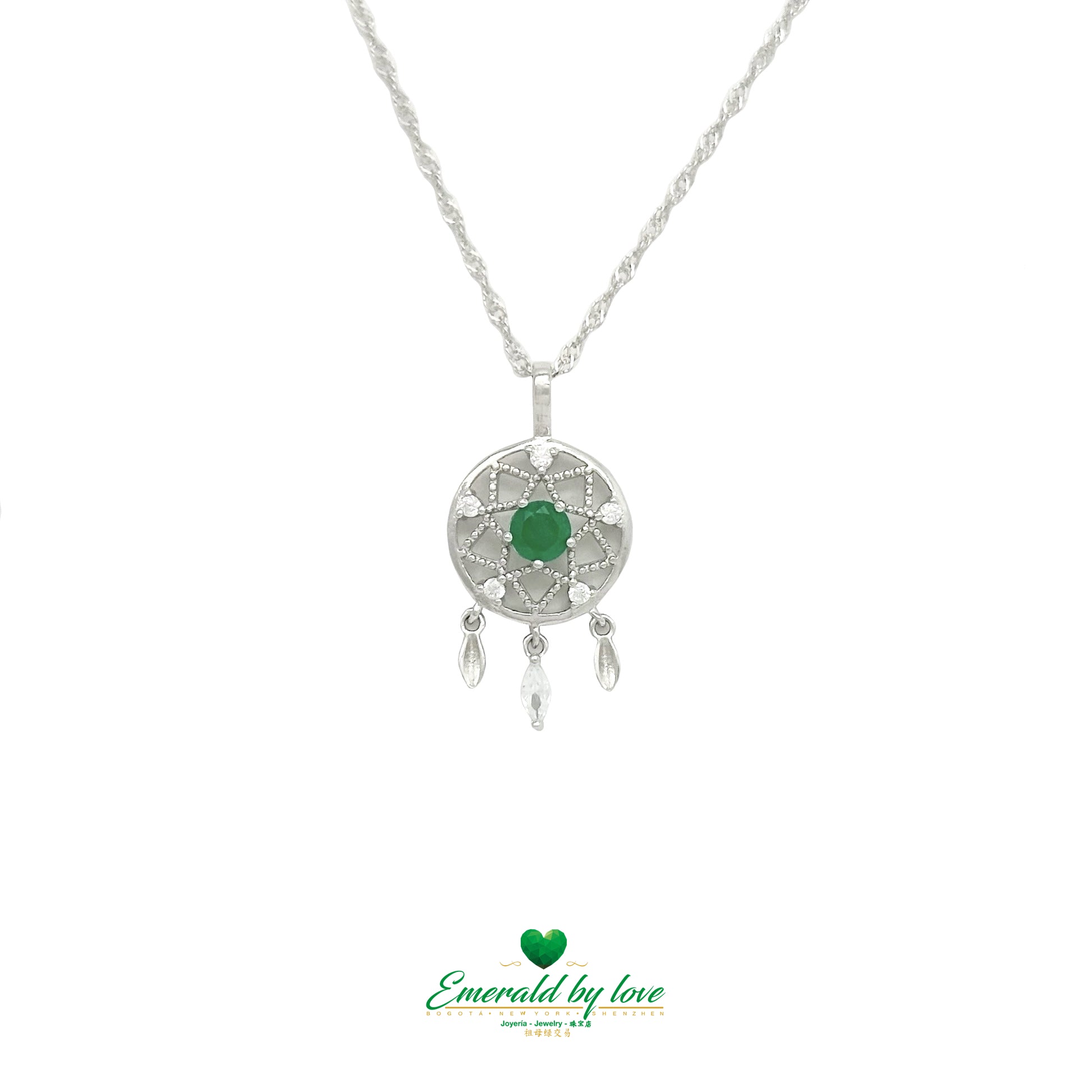 Sterling Silver Dreamcatcher Pendant with Round Emerald Center and Cubic Zirconia Accents