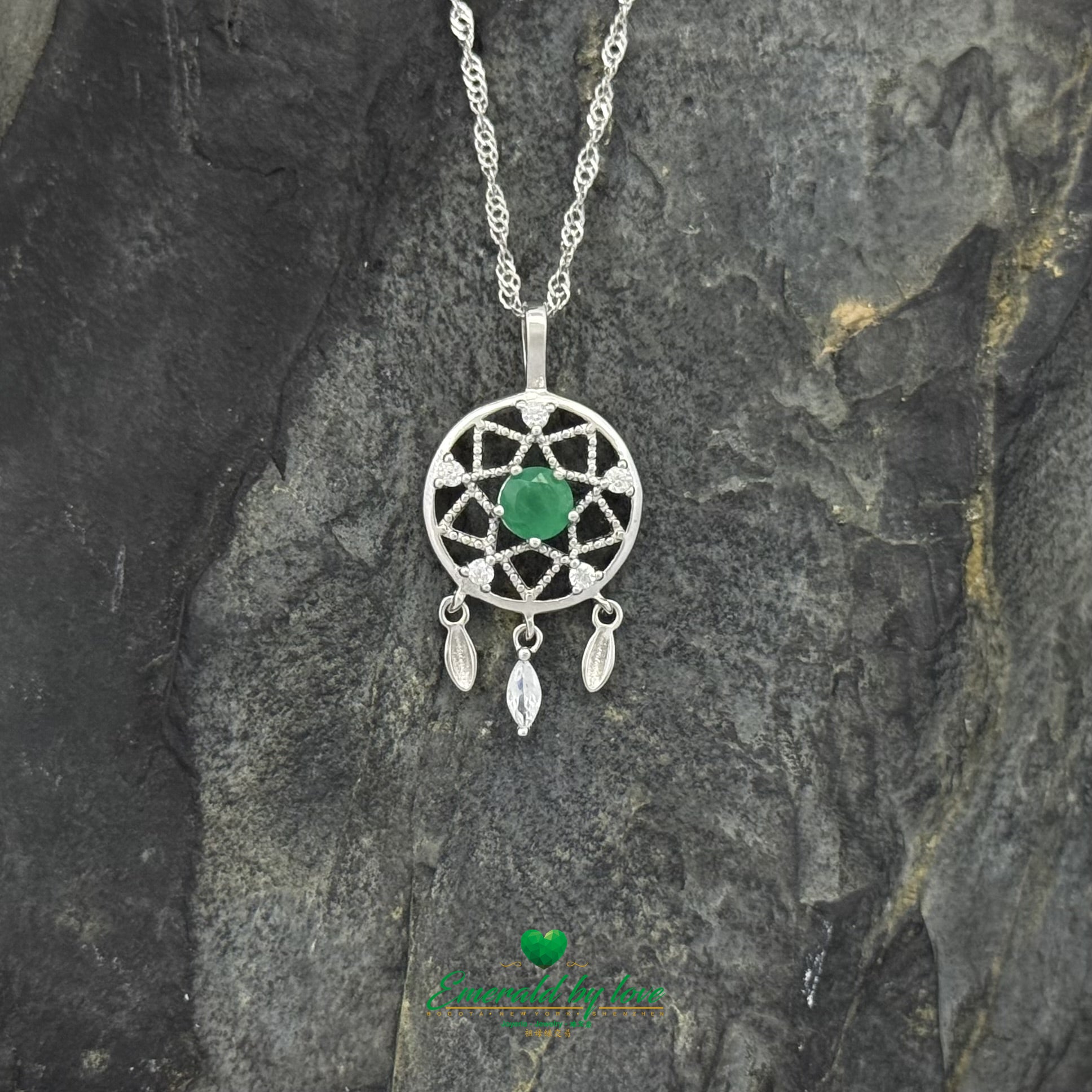 Sterling Silver Dreamcatcher Pendant with Round Emerald Center and Cubic Zirconia Accents
