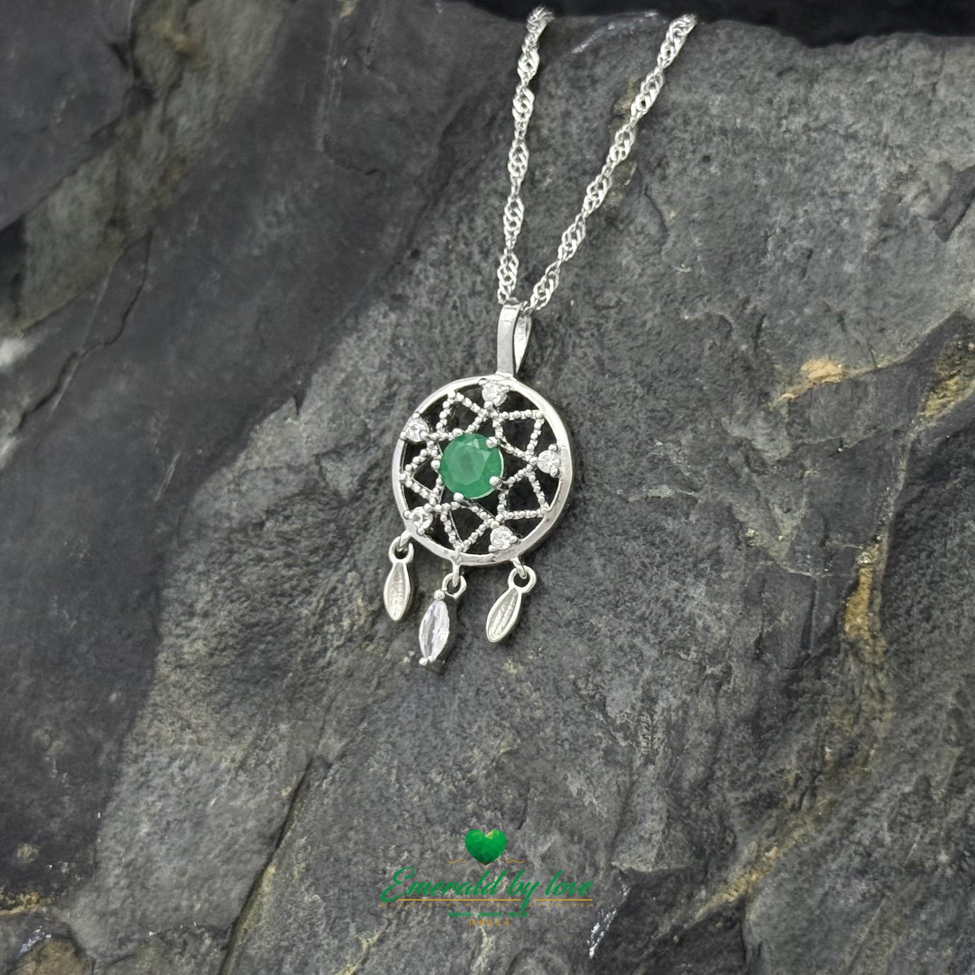 Sterling Silver Dreamcatcher Pendant with Round Emerald Center and Cubic Zirconia Accents