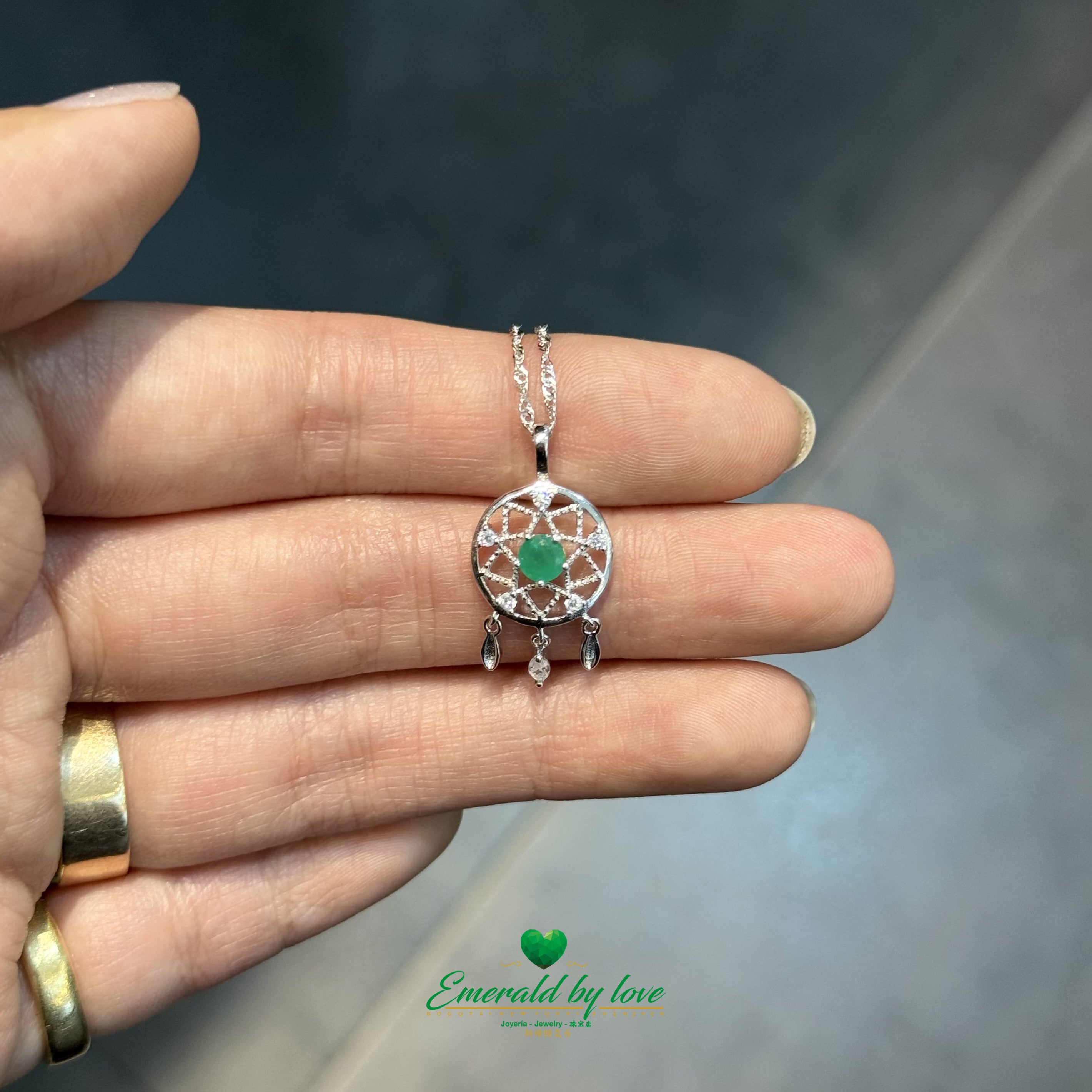 Sterling Silver Dreamcatcher Pendant with Round Emerald Center and Cubic Zirconia Accents