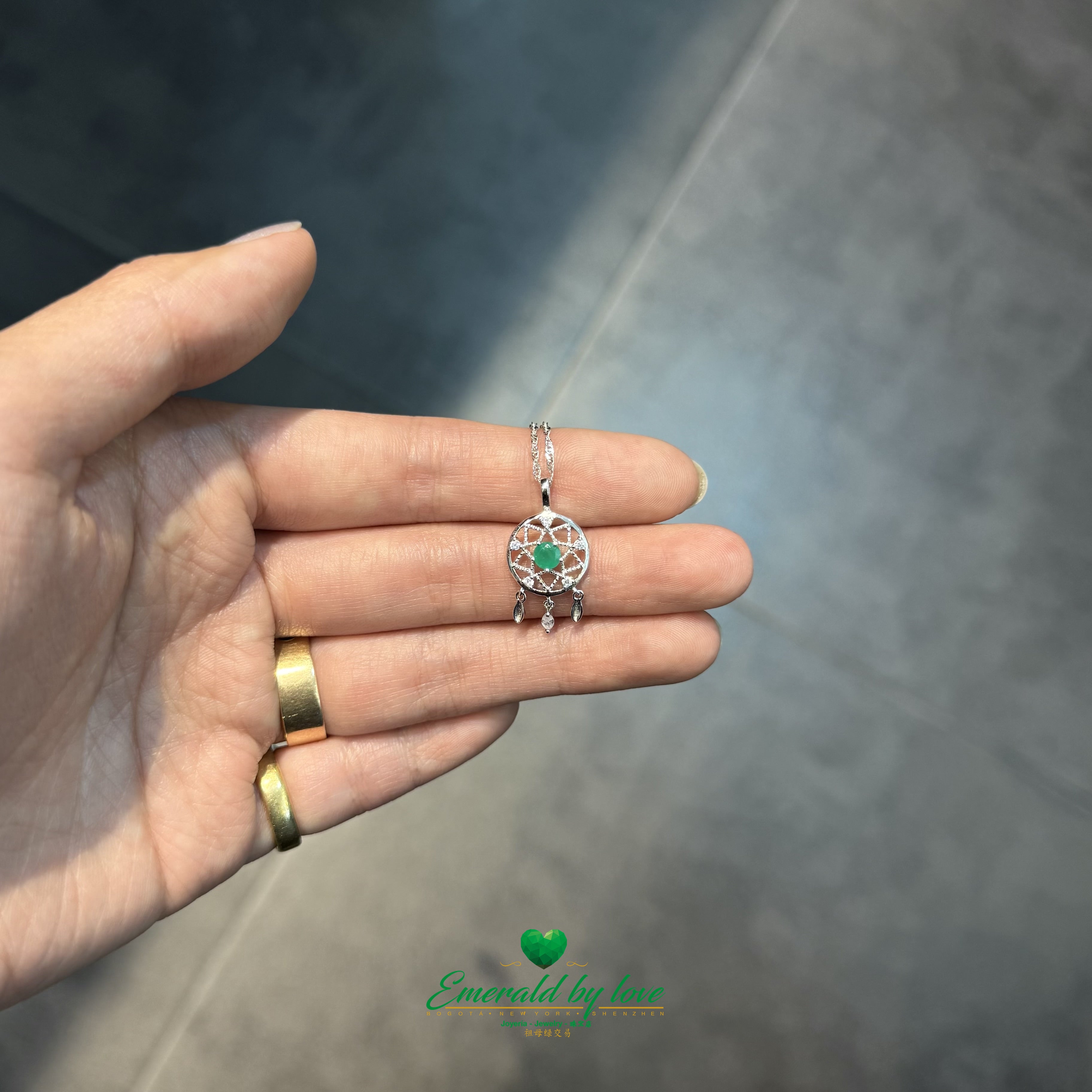 Sterling Silver Dreamcatcher Pendant with Round Emerald Center and Cubic Zirconia Accents