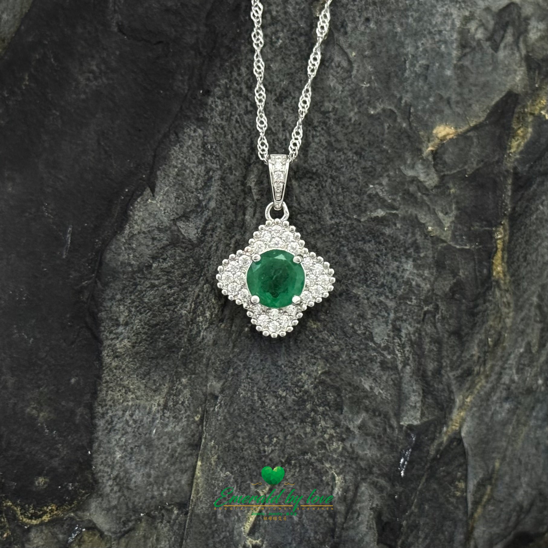 Sterling Silver Clover Pendant with Round Emerald Center
