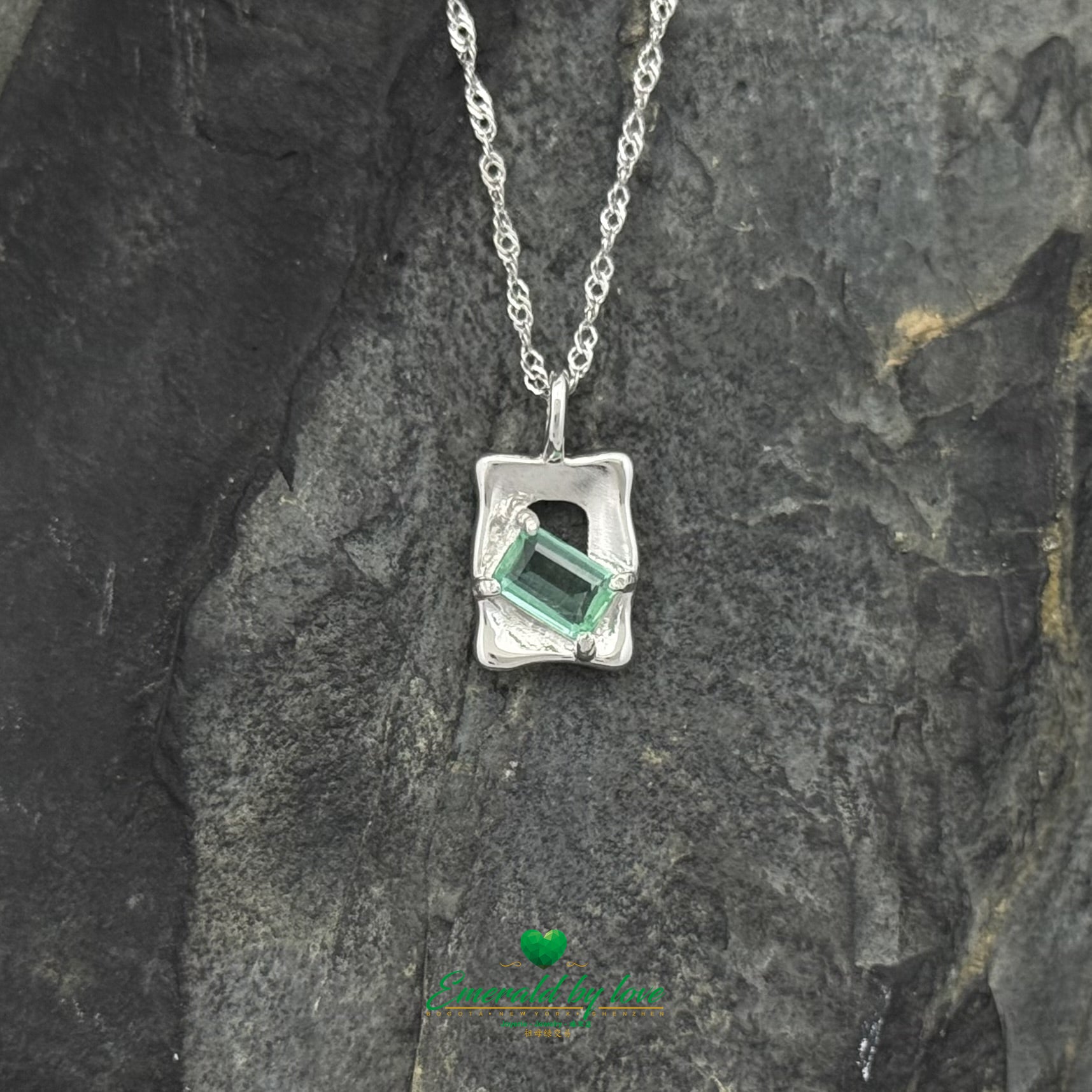 Abstract Rectangular Pendant with Diagonal Colombian Baguette Emerald