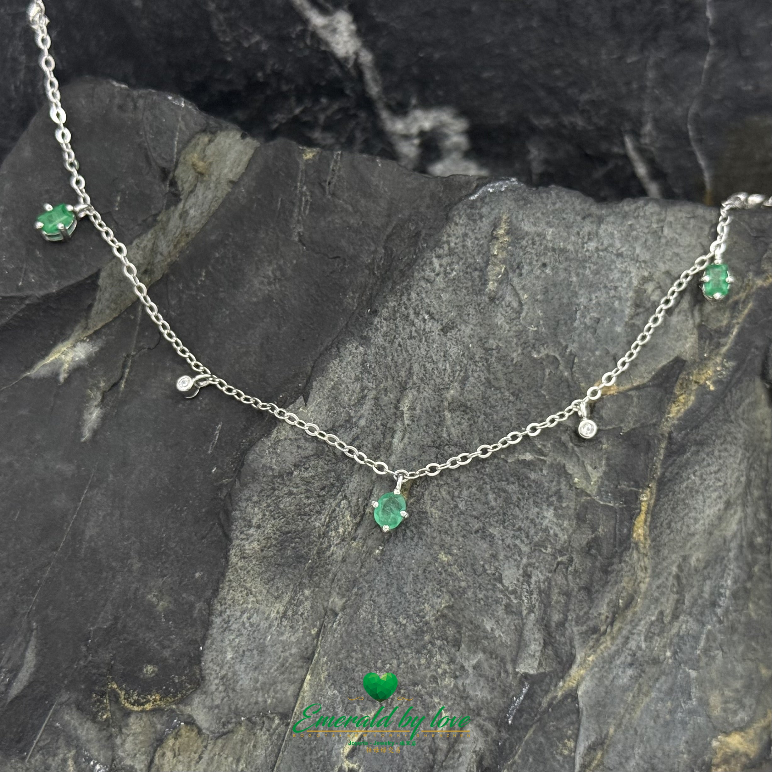 925 Silver Choker Necklace with Alternating Round Emeralds and White Zircons
