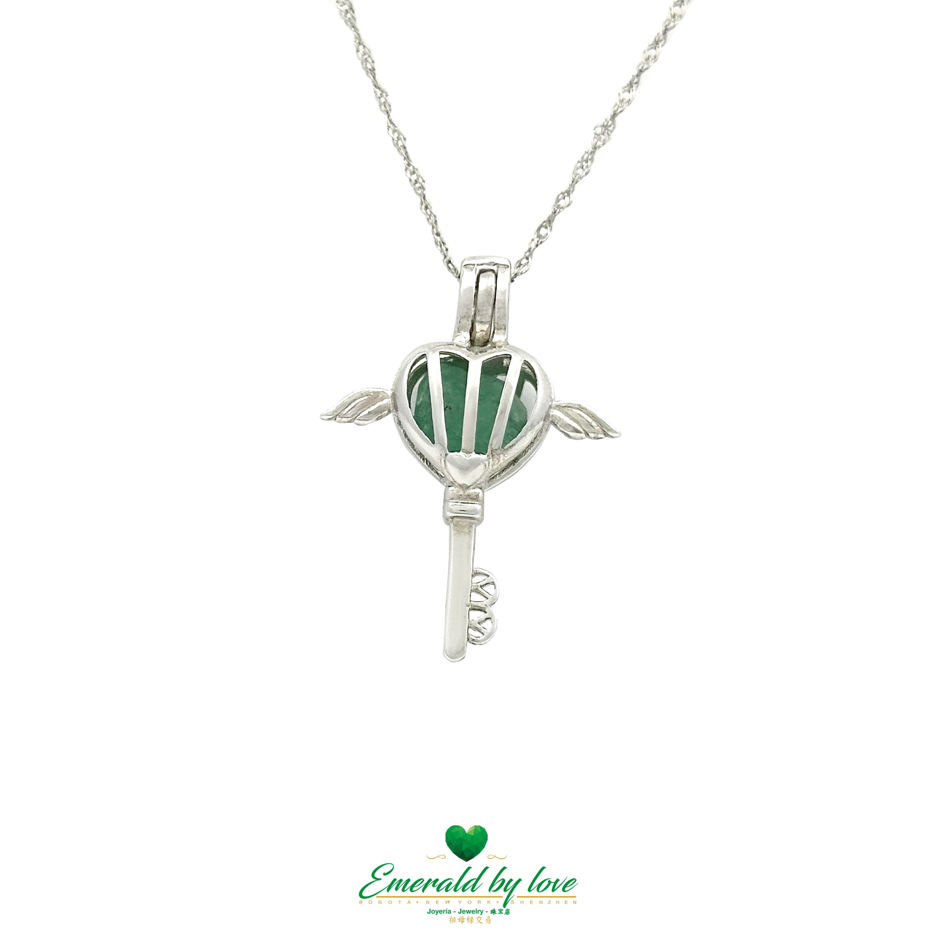 925 Silver Key Pendant with Heart Design and Rough Emerald Center