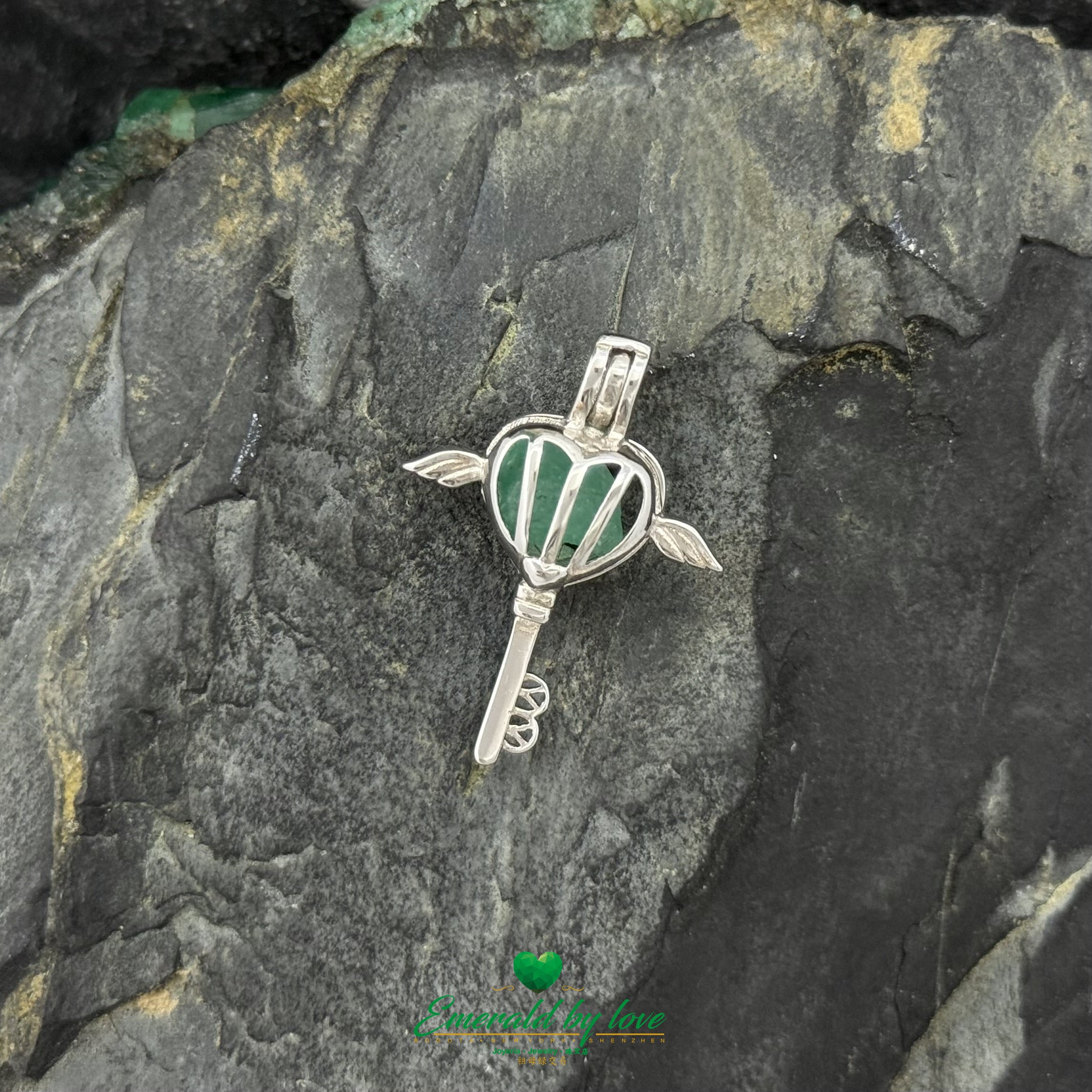925 Silver Key Pendant with Heart Design and Rough Emerald Center