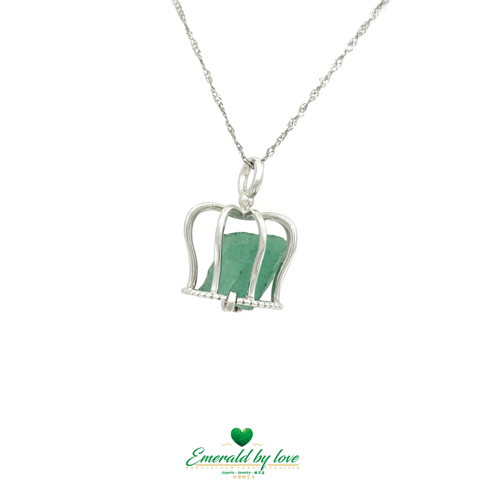 925 Silver Canary Cage Pendant with Rough Emerald Inside