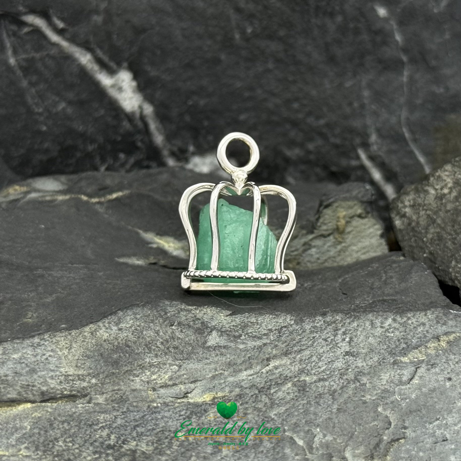 925 Silver Canary Cage Pendant with Rough Emerald Inside