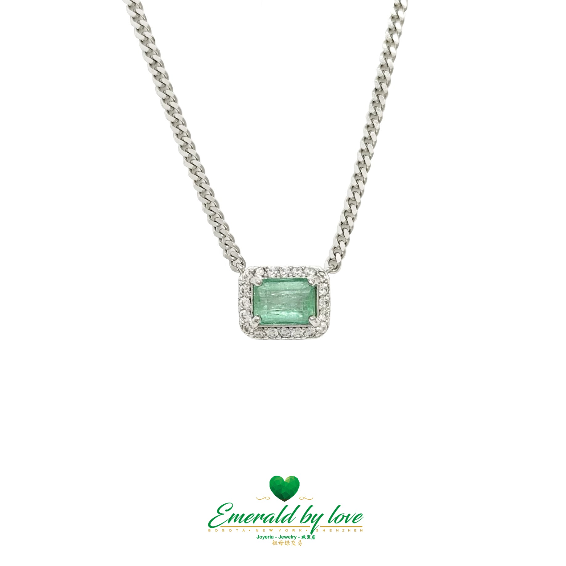 Unisex Baguette Emerald Pendant in Sterling Silver with White Zircon and Thick Chain