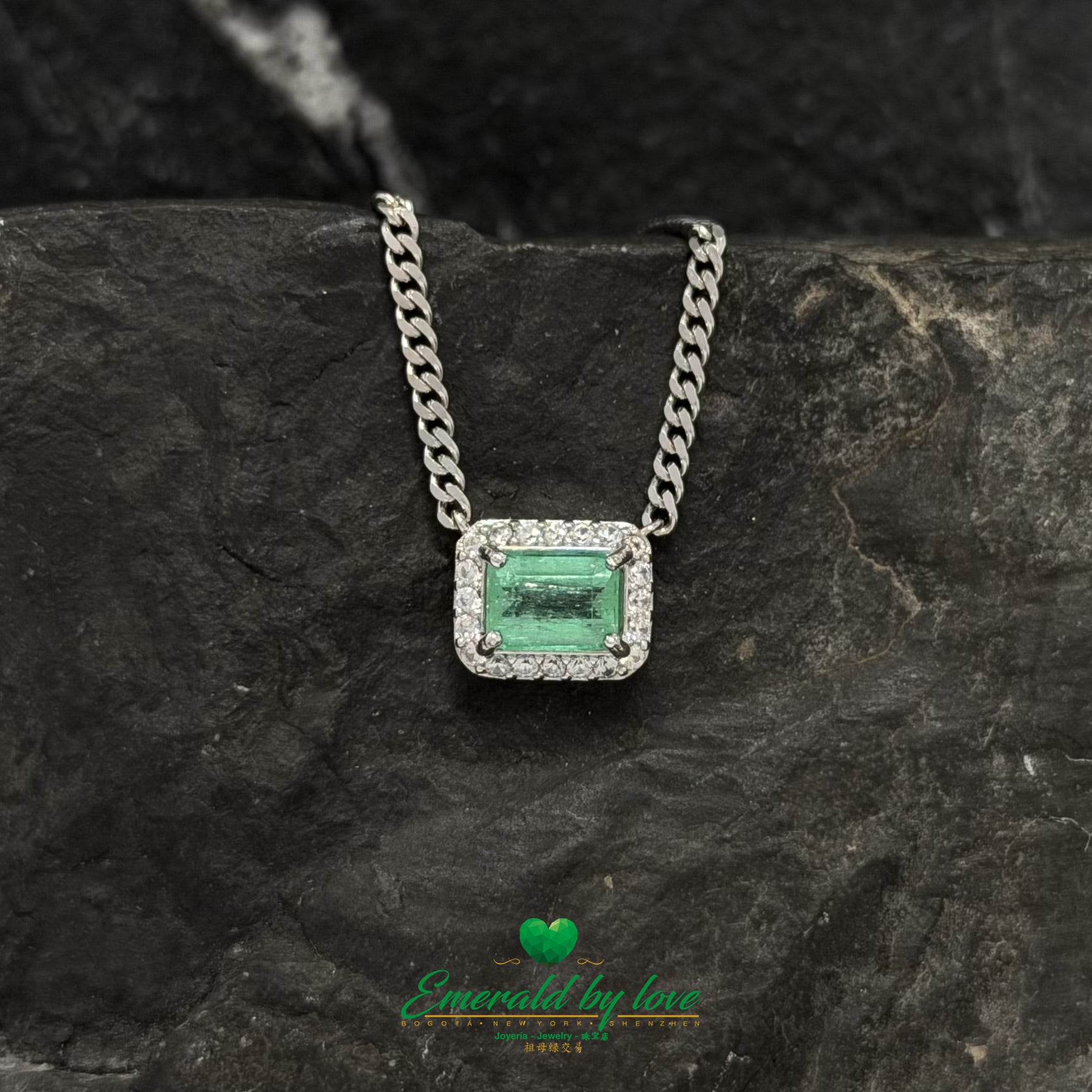 Unisex Baguette Emerald Pendant in Sterling Silver with White Zircon and Thick Chain