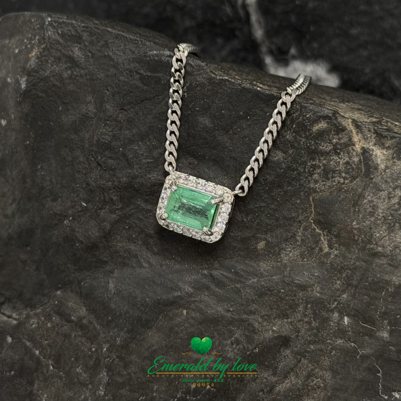 Unisex Baguette Emerald Pendant in Sterling Silver with White Zircon and Thick Chain