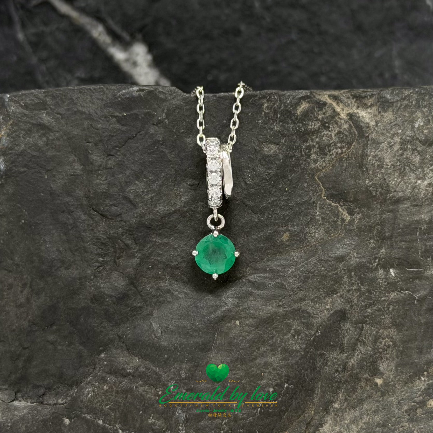 Round Emerald Hoop Pendant in Sterling Silver with White Zircon