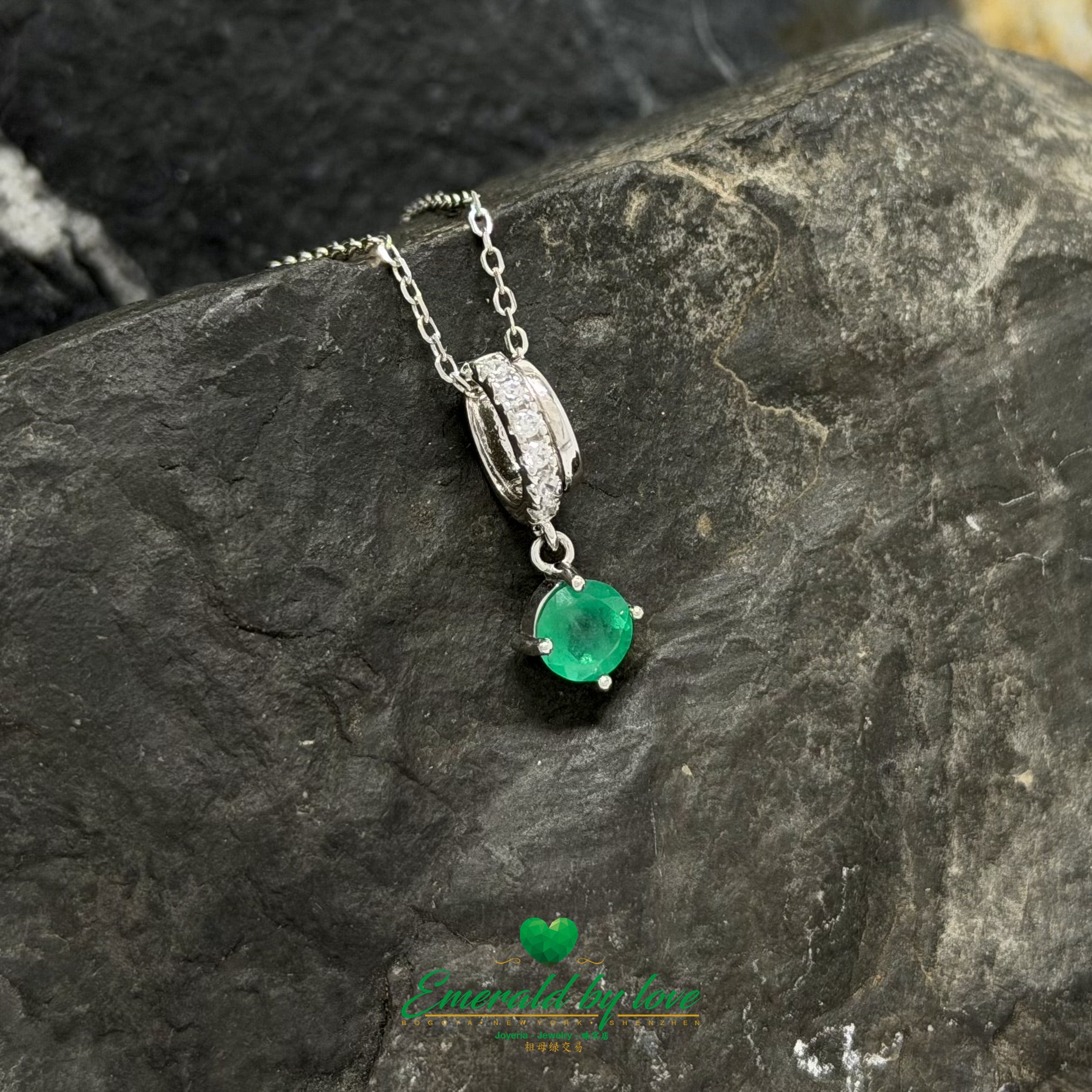 Round Emerald Hoop Pendant in Sterling Silver with White Zircon