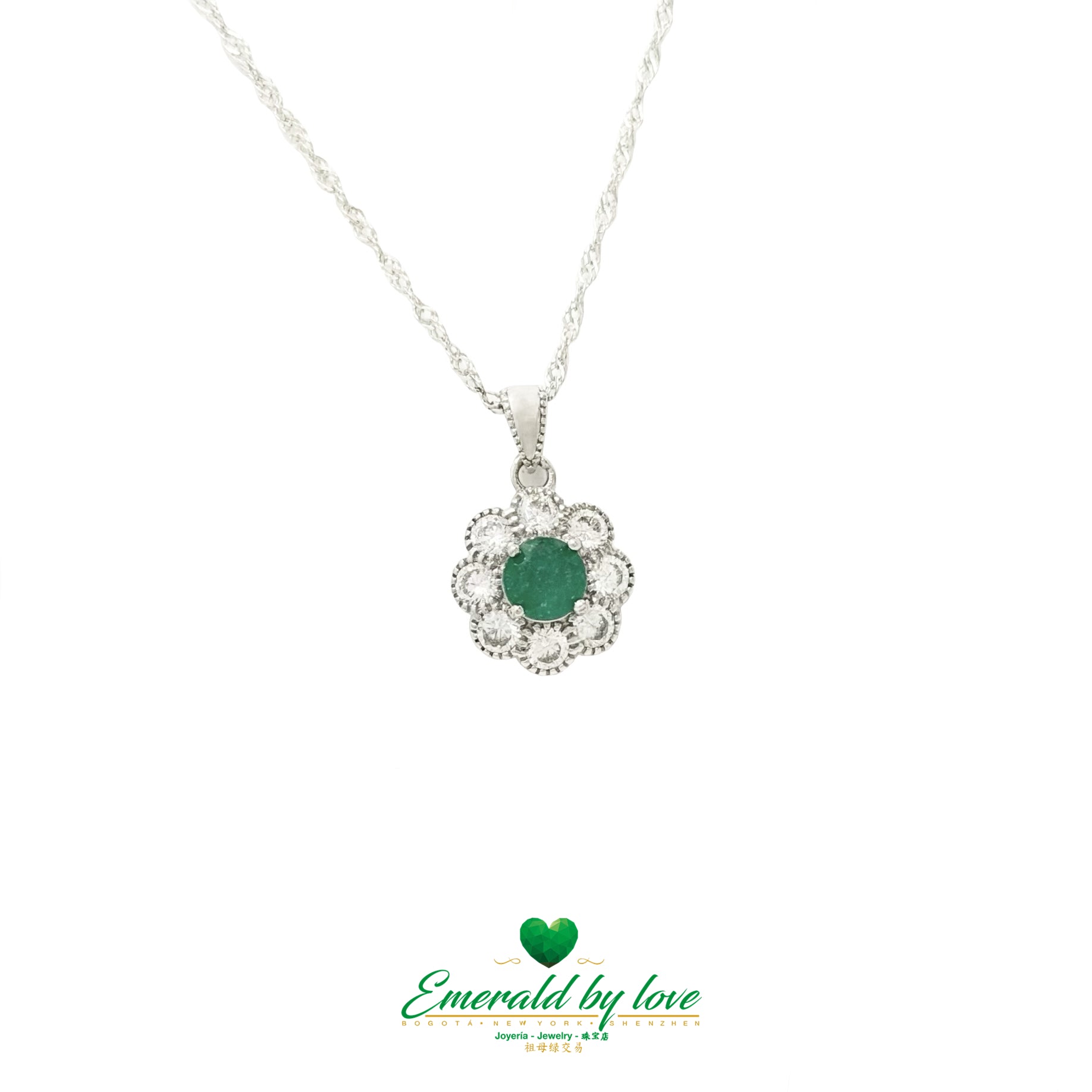 Floral Pendant with Round Emerald in Sterling Silver