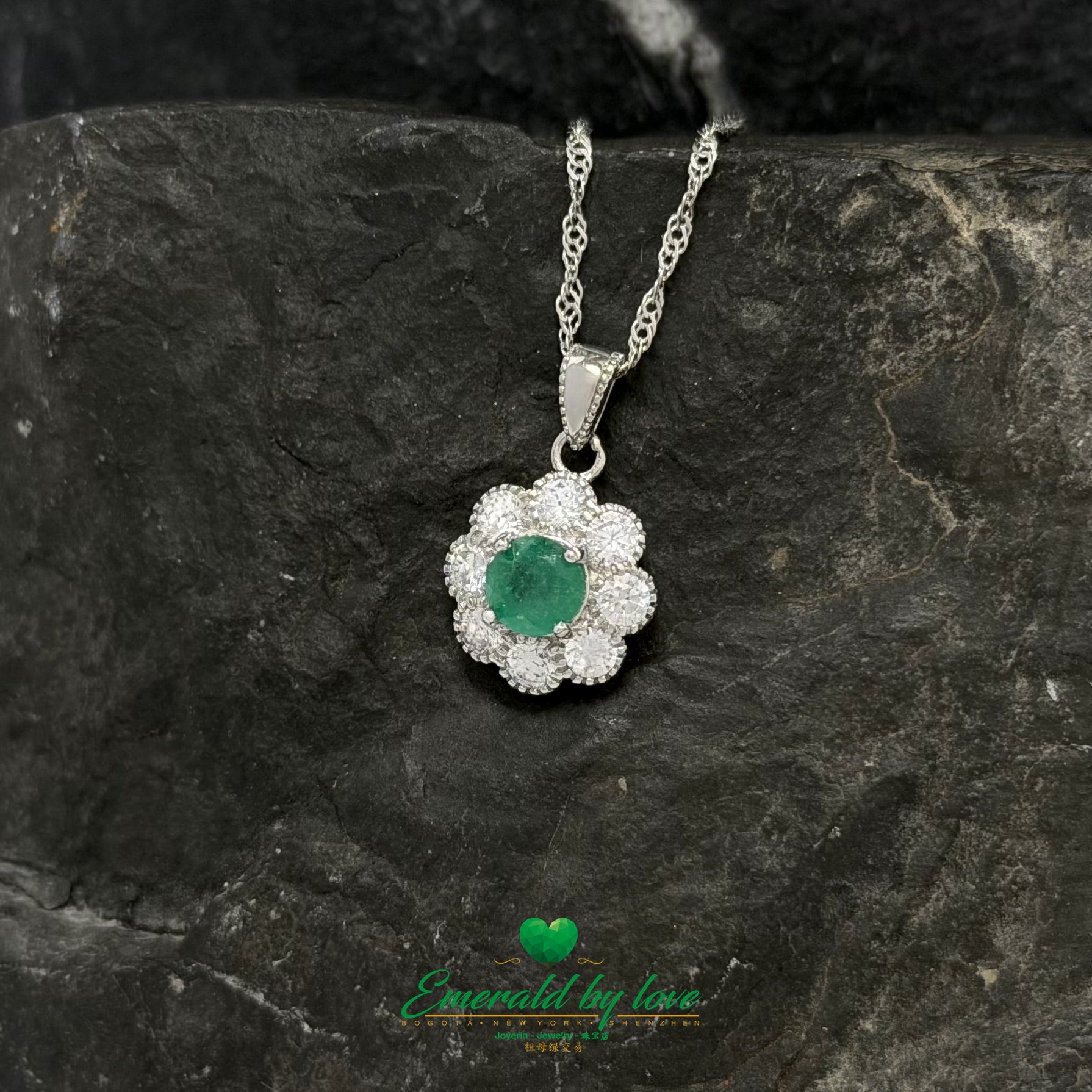 Floral Pendant with Round Emerald in Sterling Silver