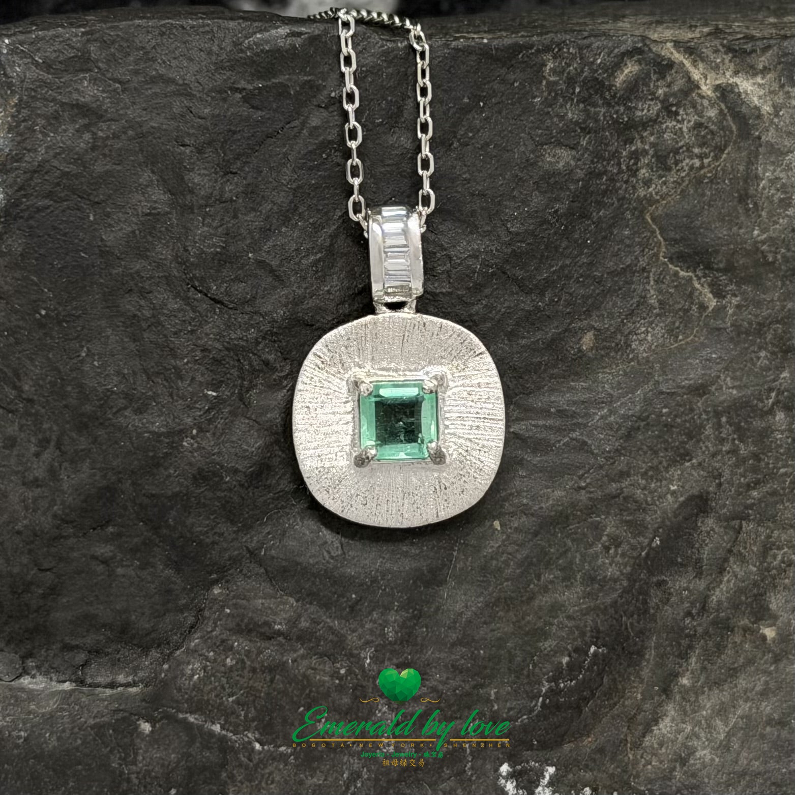 Rounded Flat Pendant in Sterling Silver with Square Crystal Emerald Prong Set