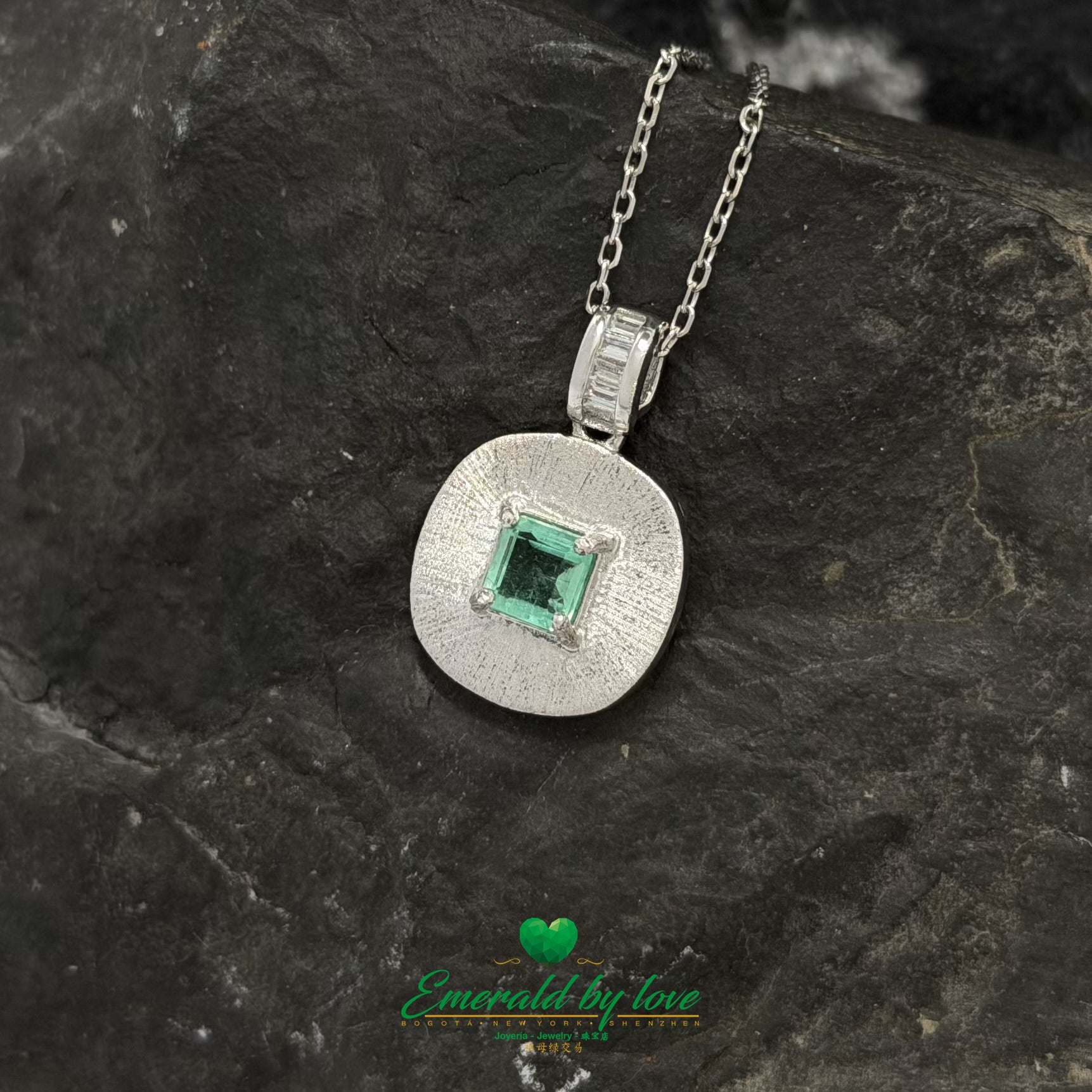 Rounded Flat Pendant in Sterling Silver with Square Crystal Emerald Prong Set