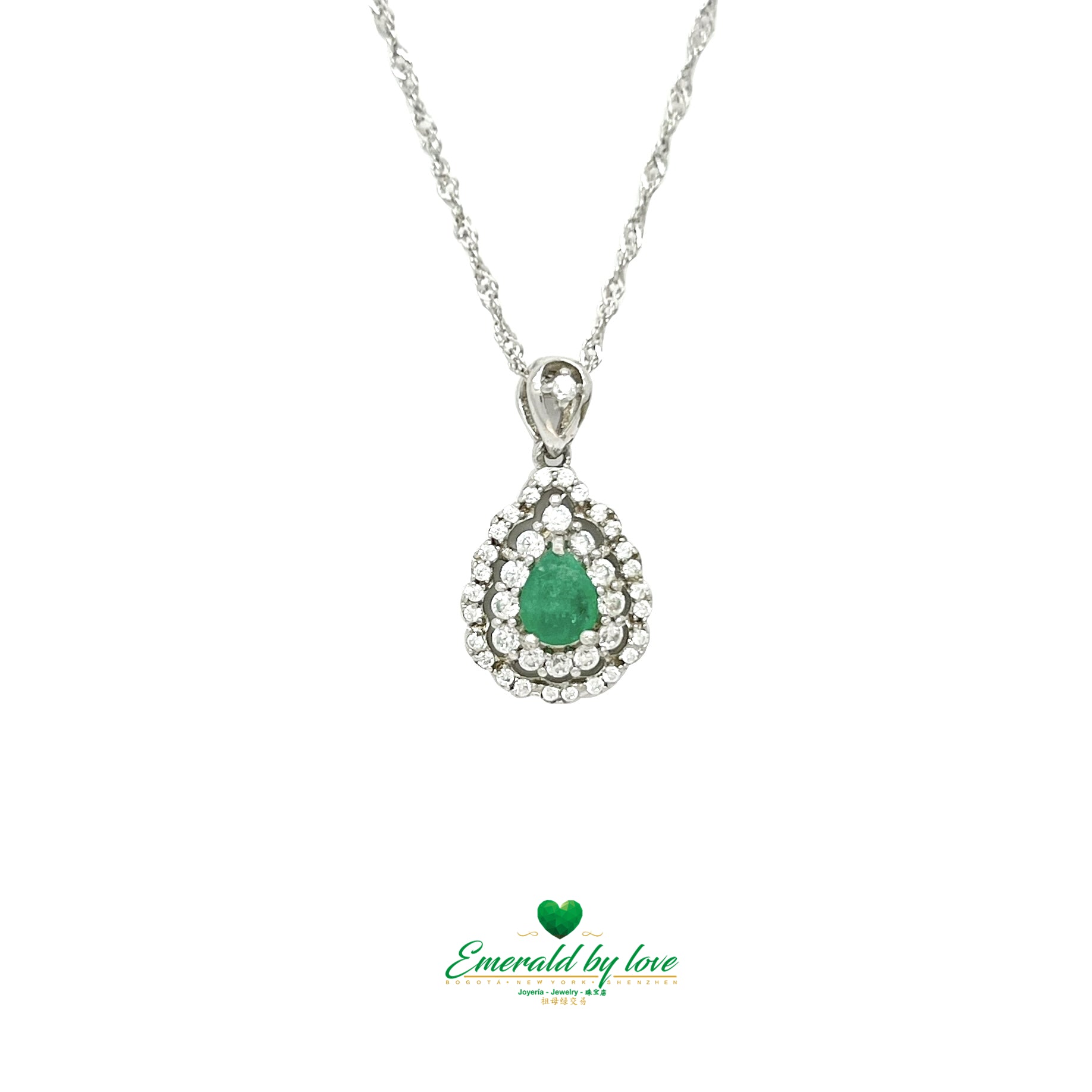 Marquis-Shape Silver Pendant with Central Teardrop Emerald and Zirconia Halo