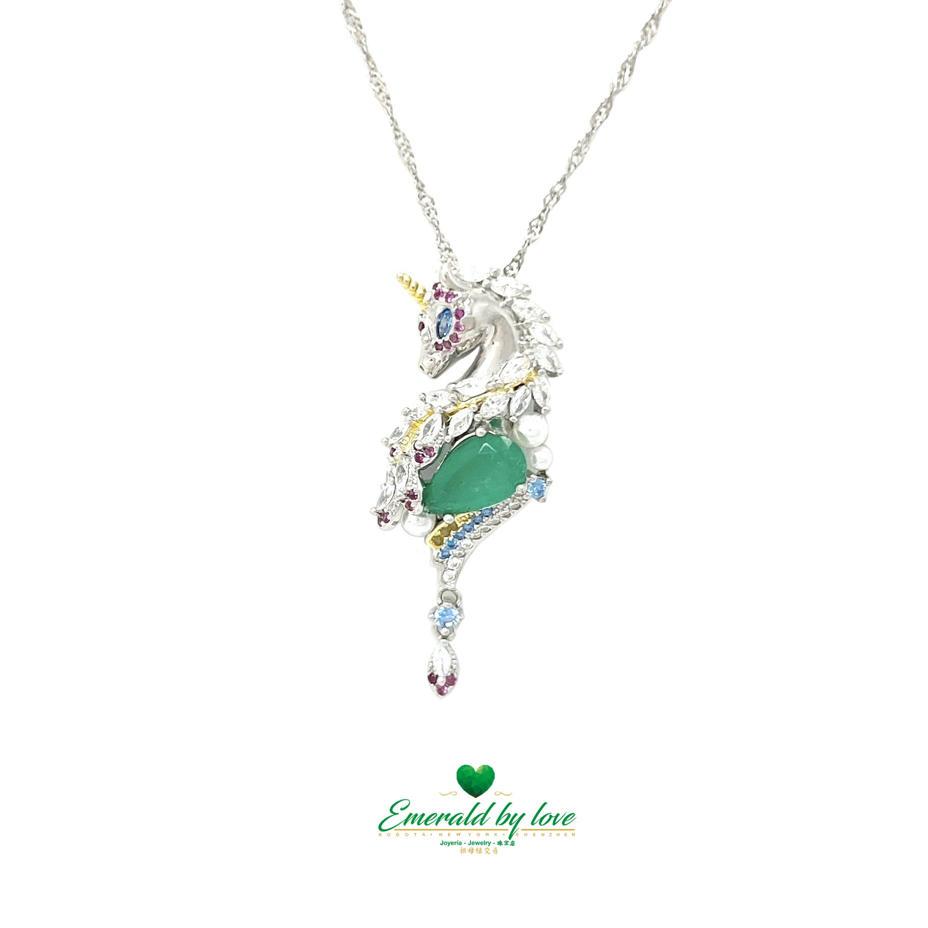 Enchanting Unicorn Pendant with Central Teardrop Colombian Emerald and Multicolor Zirconia