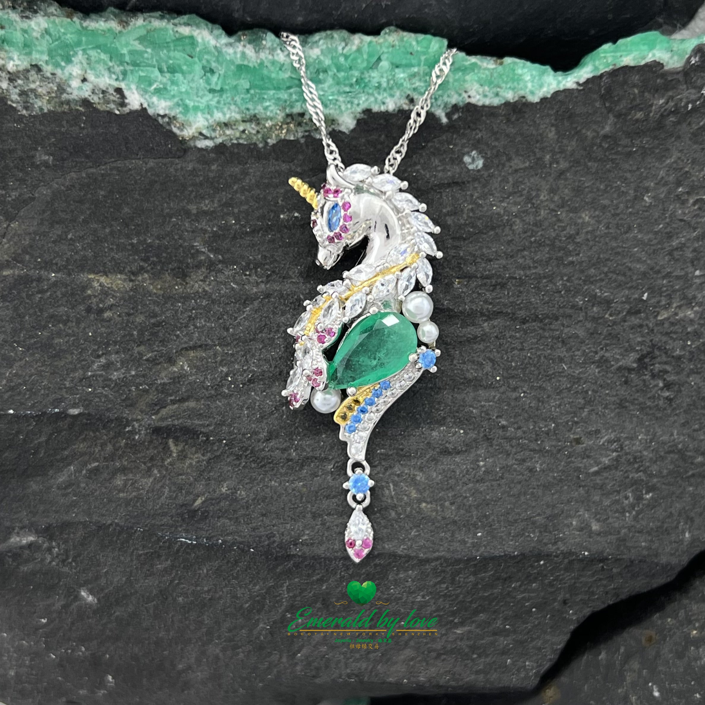 Enchanting Unicorn Pendant with Central Teardrop Colombian Emerald and Multicolor Zirconia