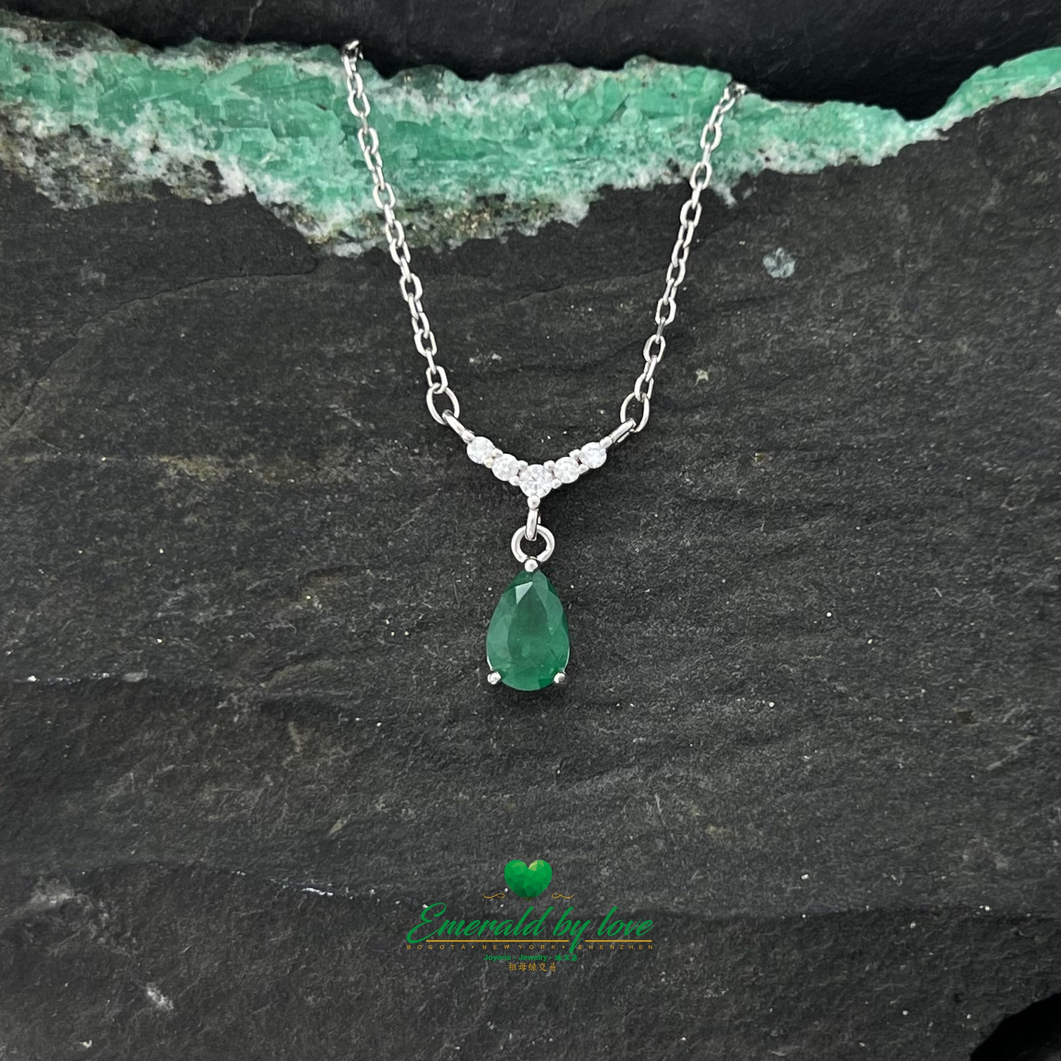 Crystal Teardrop Emerald Pendant with Cubic Zirconia Dangle