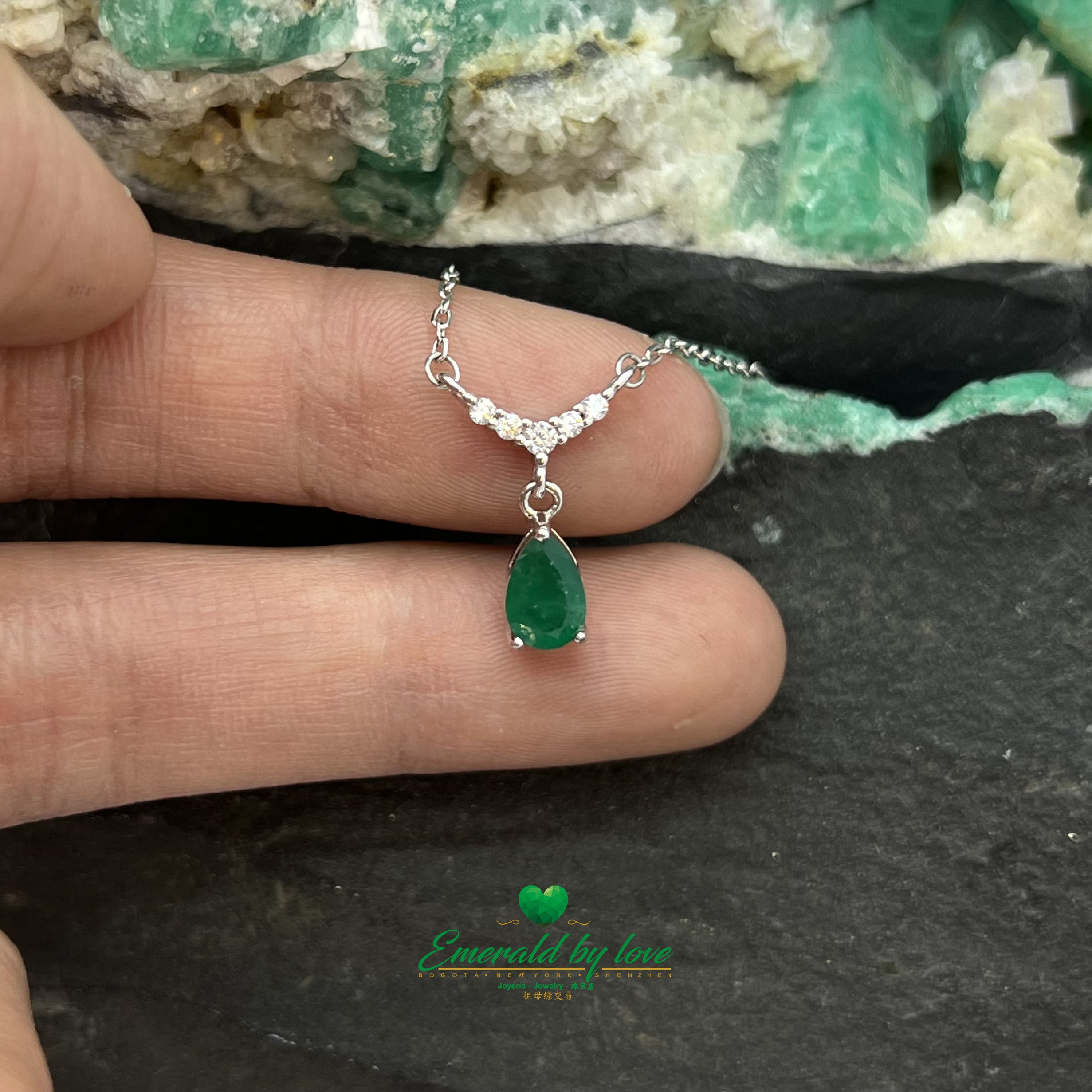 Crystal Teardrop Emerald Pendant with Cubic Zirconia Dangle